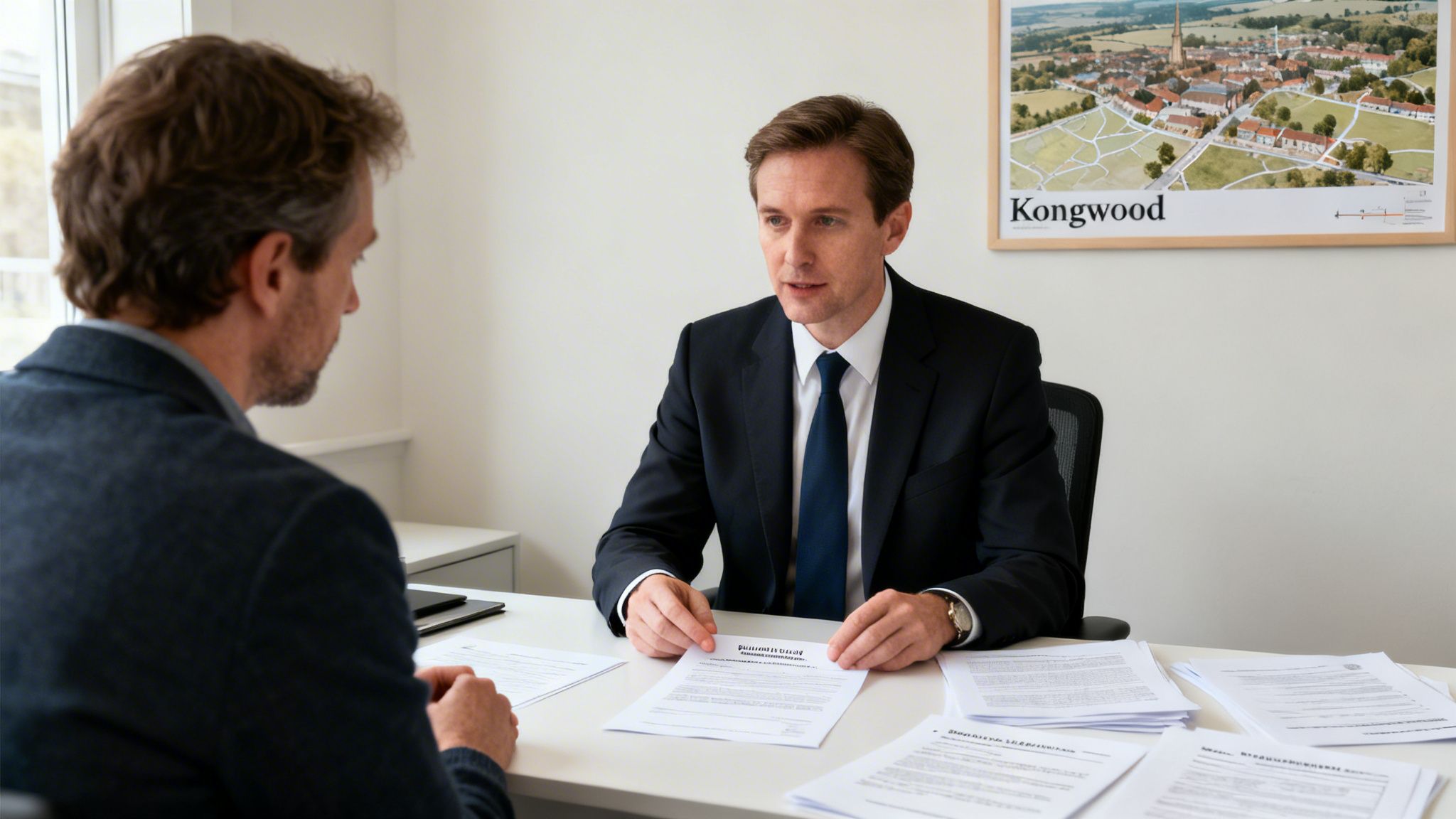 A lawyer in a suit discusses documents with a client at a desk in an office.