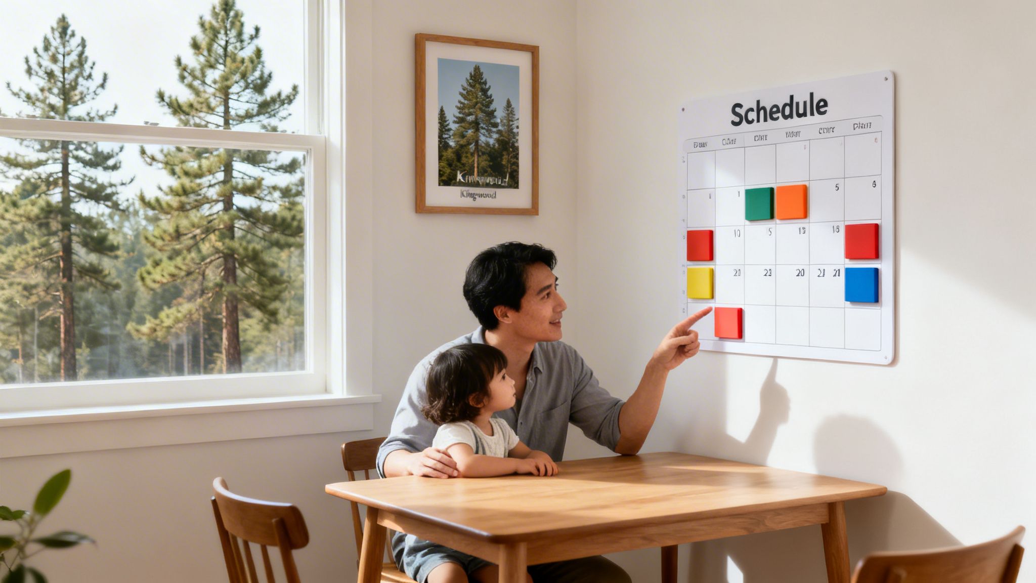 A father and child sit at a table, looking at a colorful magnetic schedule board on the wall.