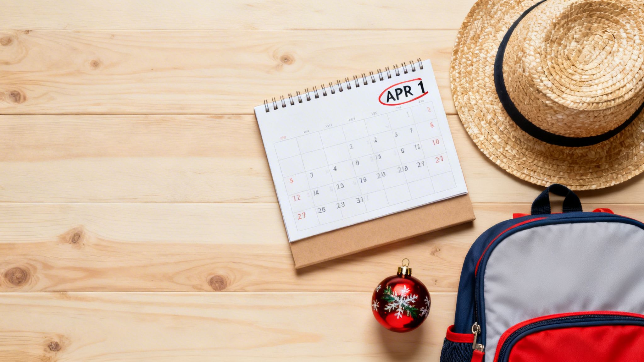 A desk calendar shows April 1st circled, next to a straw hat, a backpack, and a Christmas ornament on a wooden table.