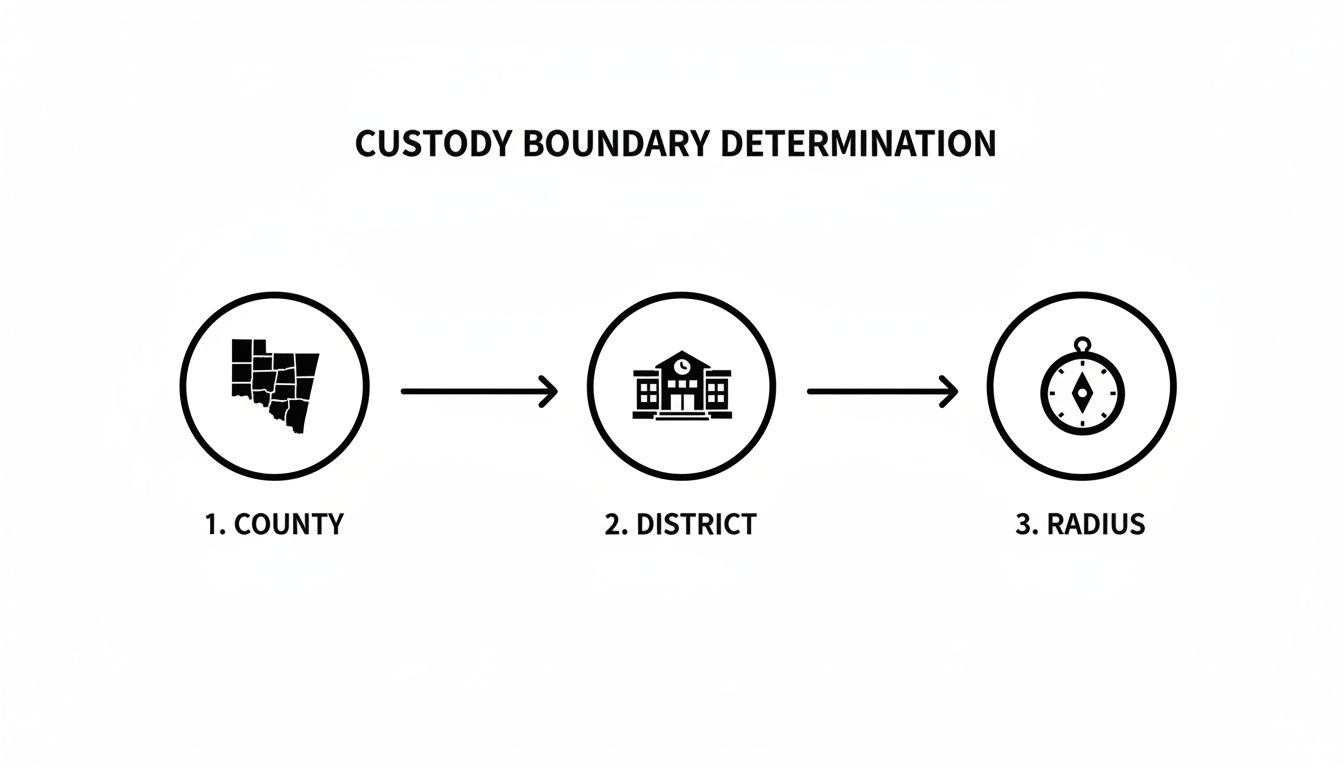 Flowchart illustrating custody boundary determination using county, district, and radius methods.