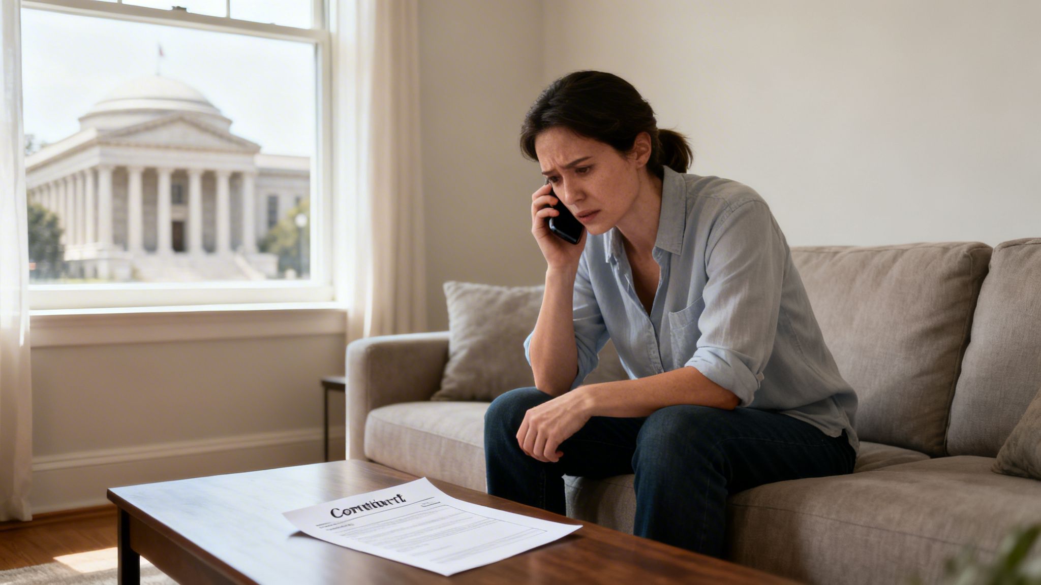 A distressed woman on phone with legal document, courthouse visible through window.