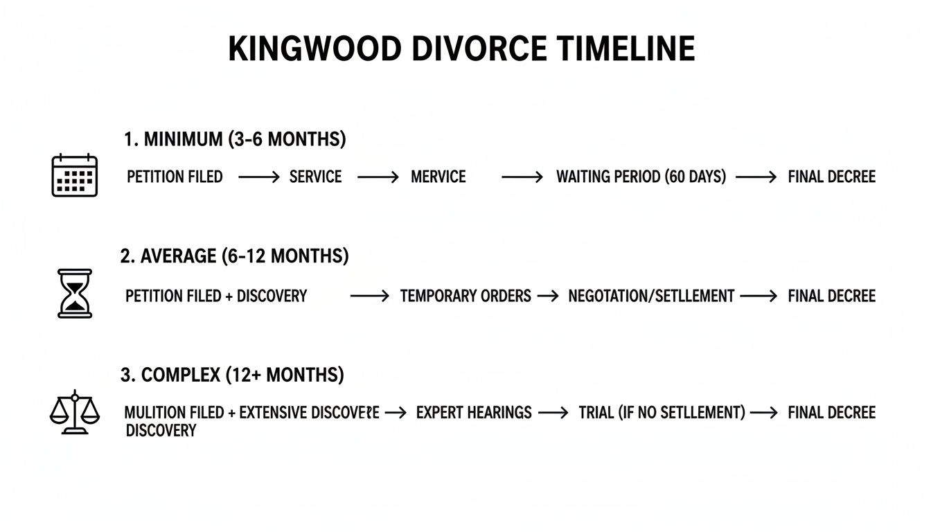 Kingwood divorce timeline showing minimum, average, and complex process durations and steps.