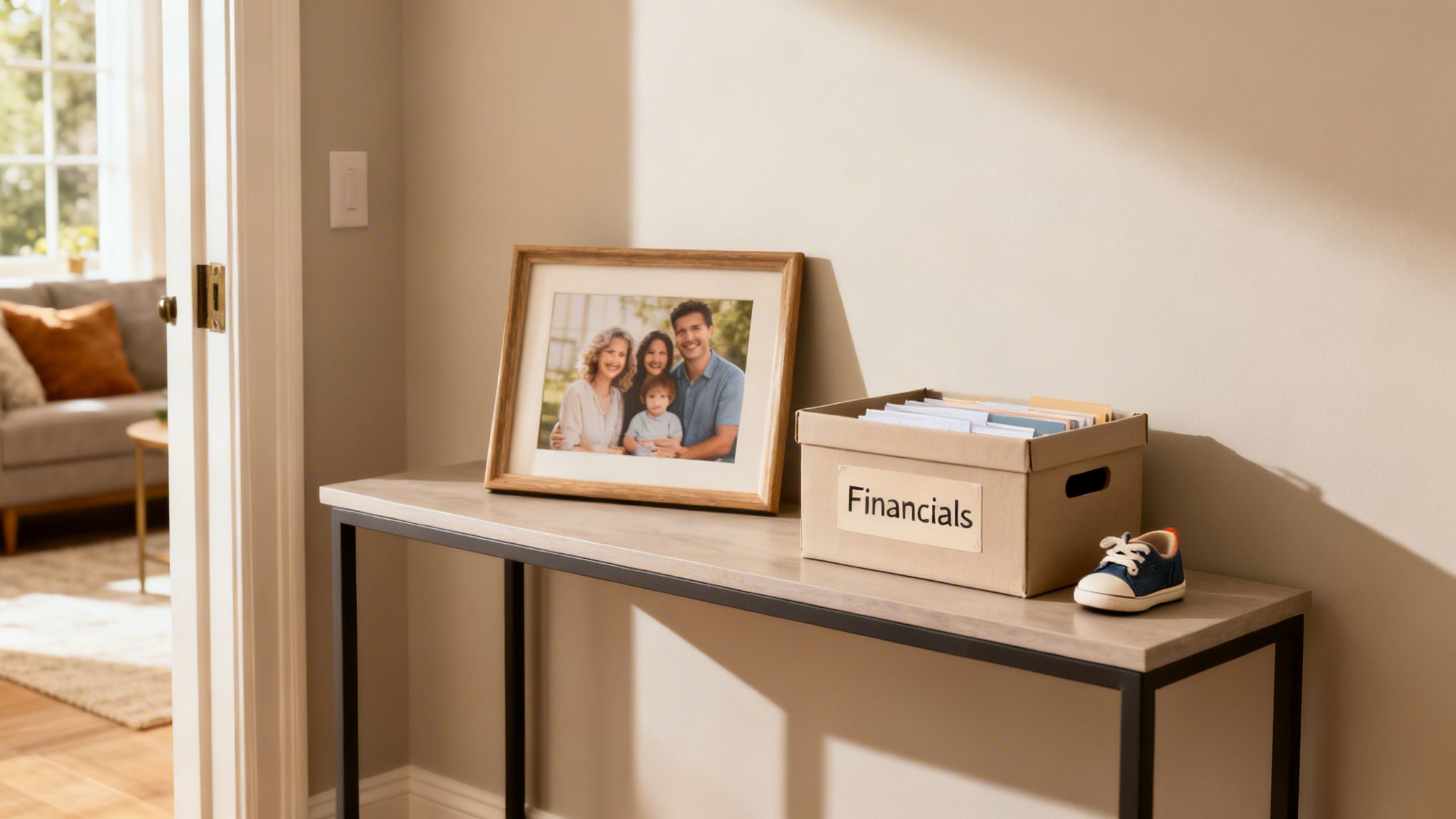 An entryway console table displays a framed family photo, a 'Financials' box, and a baby shoe.