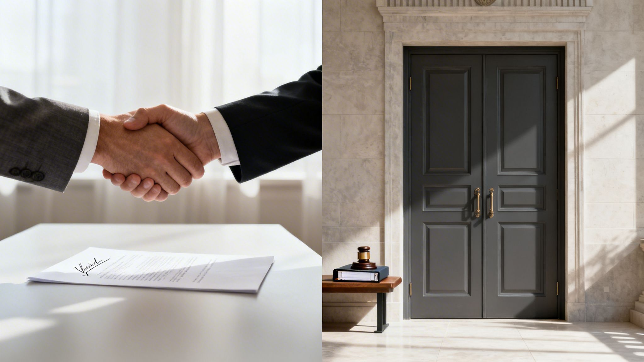 Two businesspeople shaking hands over a signed document, beside a courthouse door with a gavel.