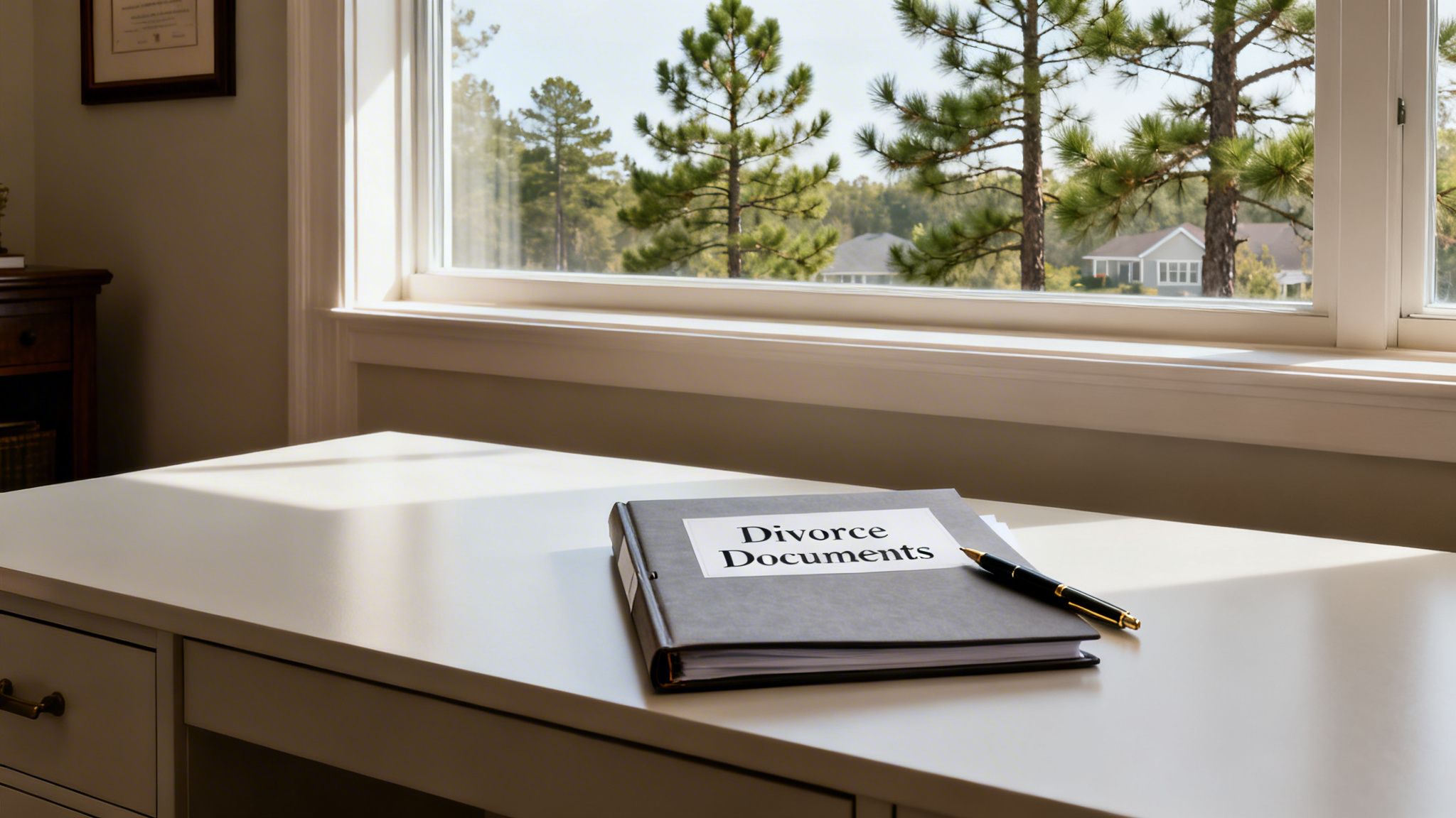 A binder labeled 'Divorce Documents' and a pen on a sunny desk next to a window.