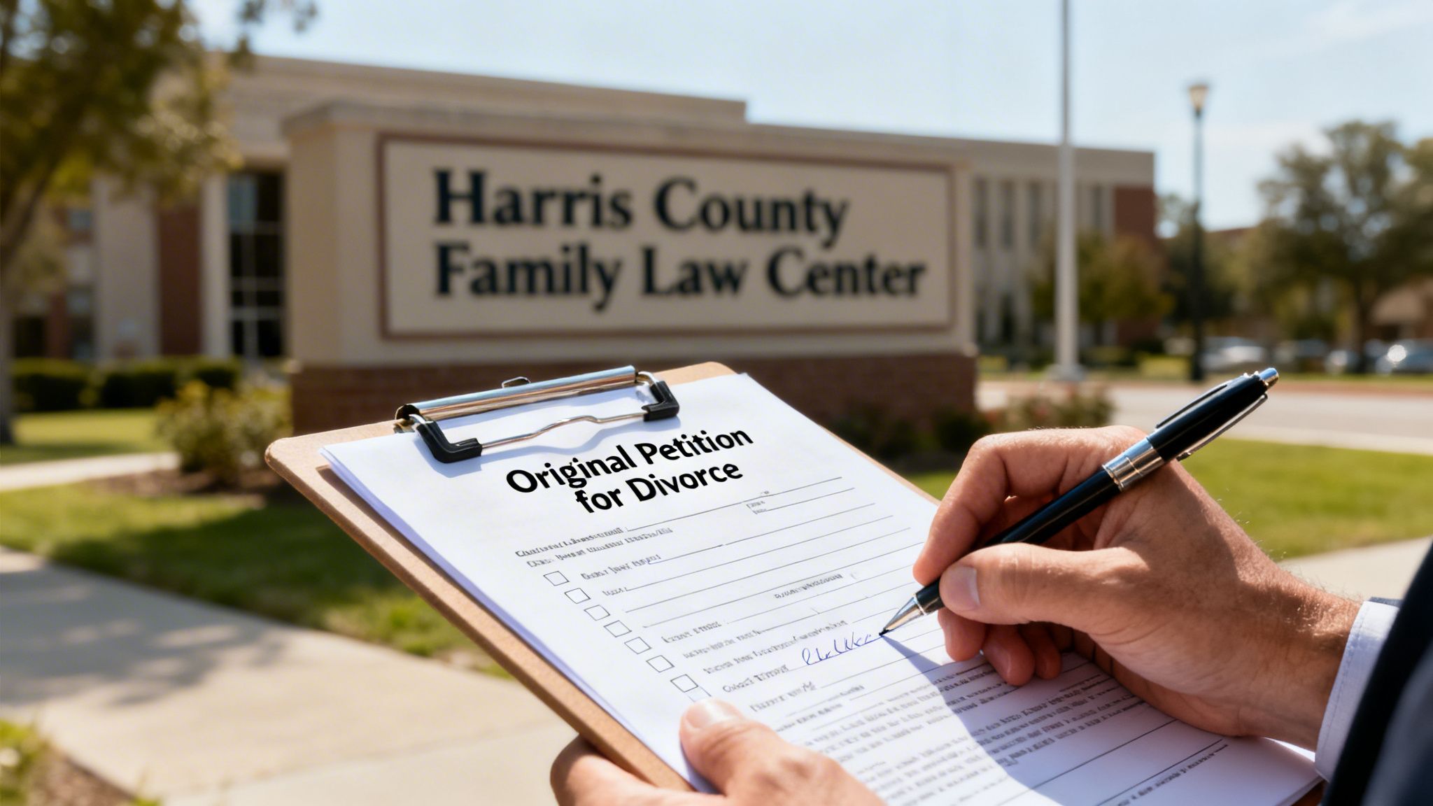 Hands signing 'Original Petition for Divorce' form at Harris County Family Law Center.