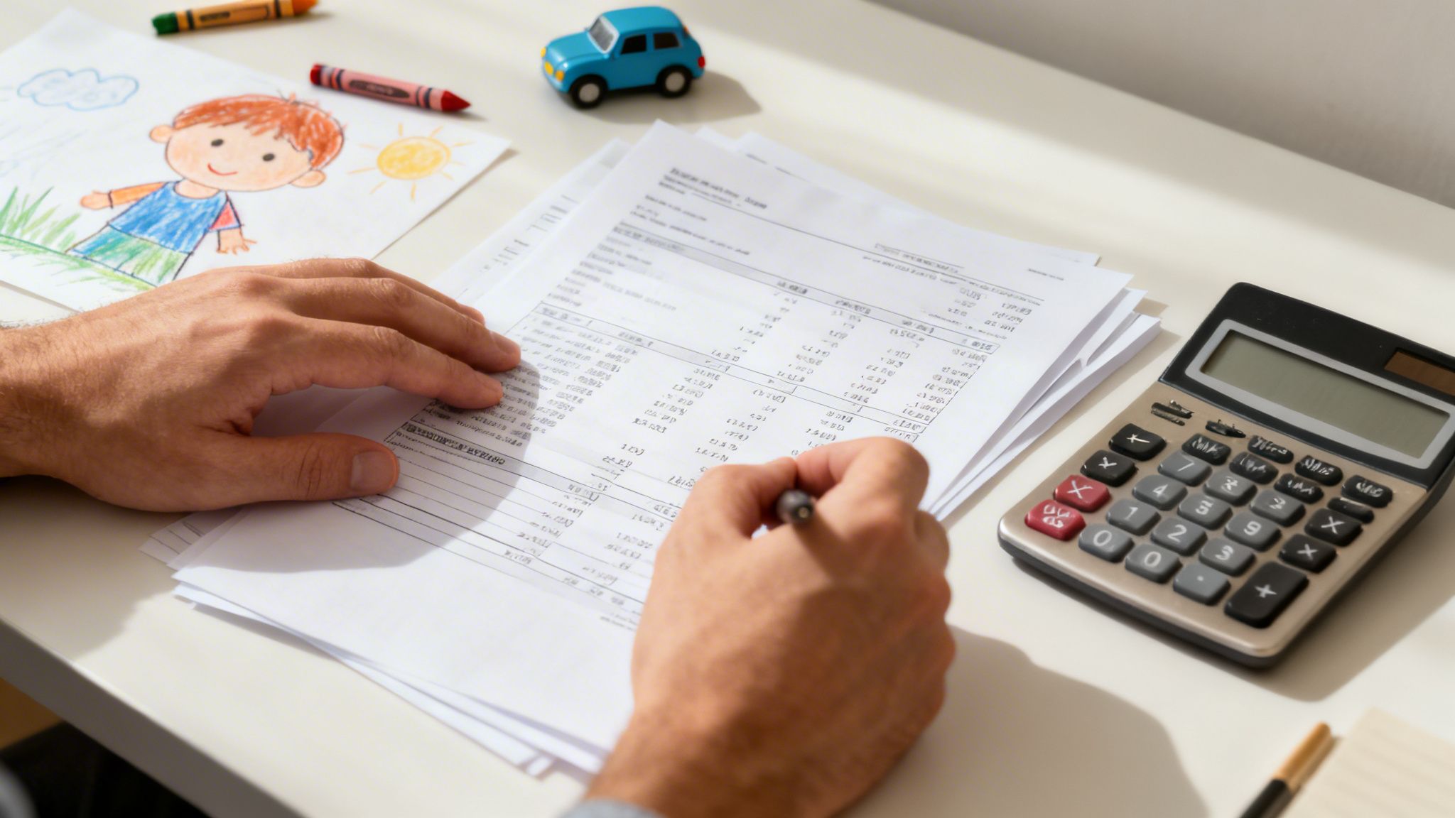 A person reviews financial documents with a calculator, a child's drawing, and crayons on a desk.