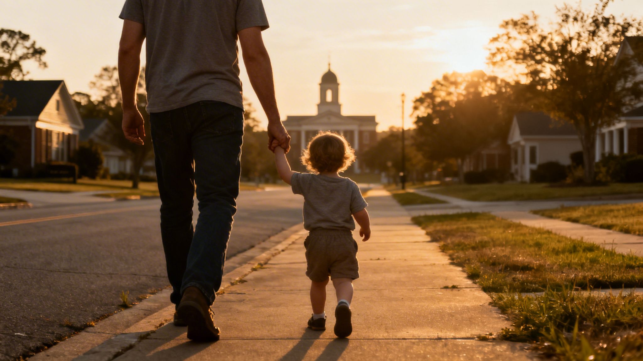 Father and young child holding hands, walking down a sunlit street at sunset.