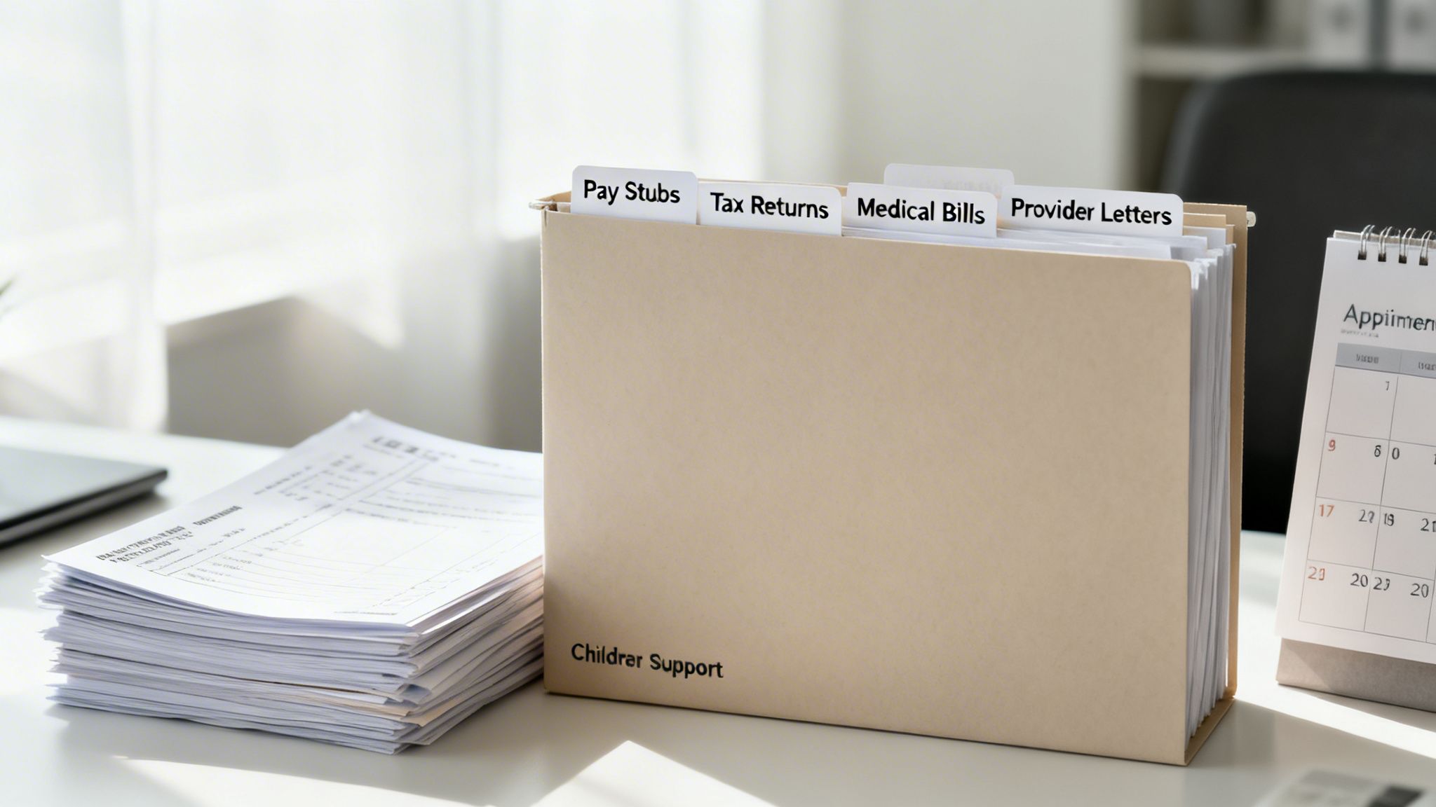 A file box labeled 'Children Support' organizing documents like pay stubs and tax returns on a desk.