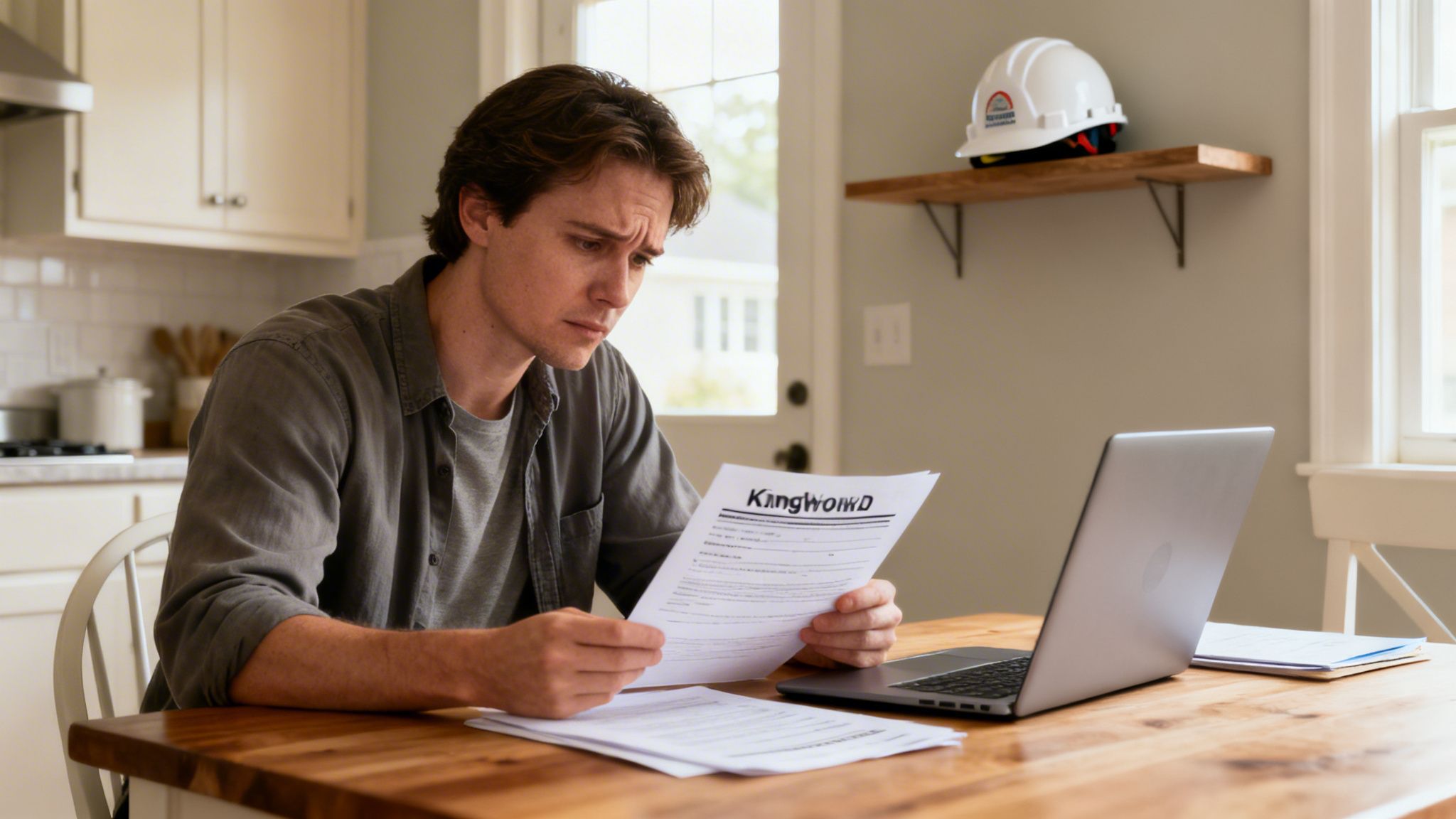 A concerned man reviewing a document with "KingWoiWD" at a table with a laptop.