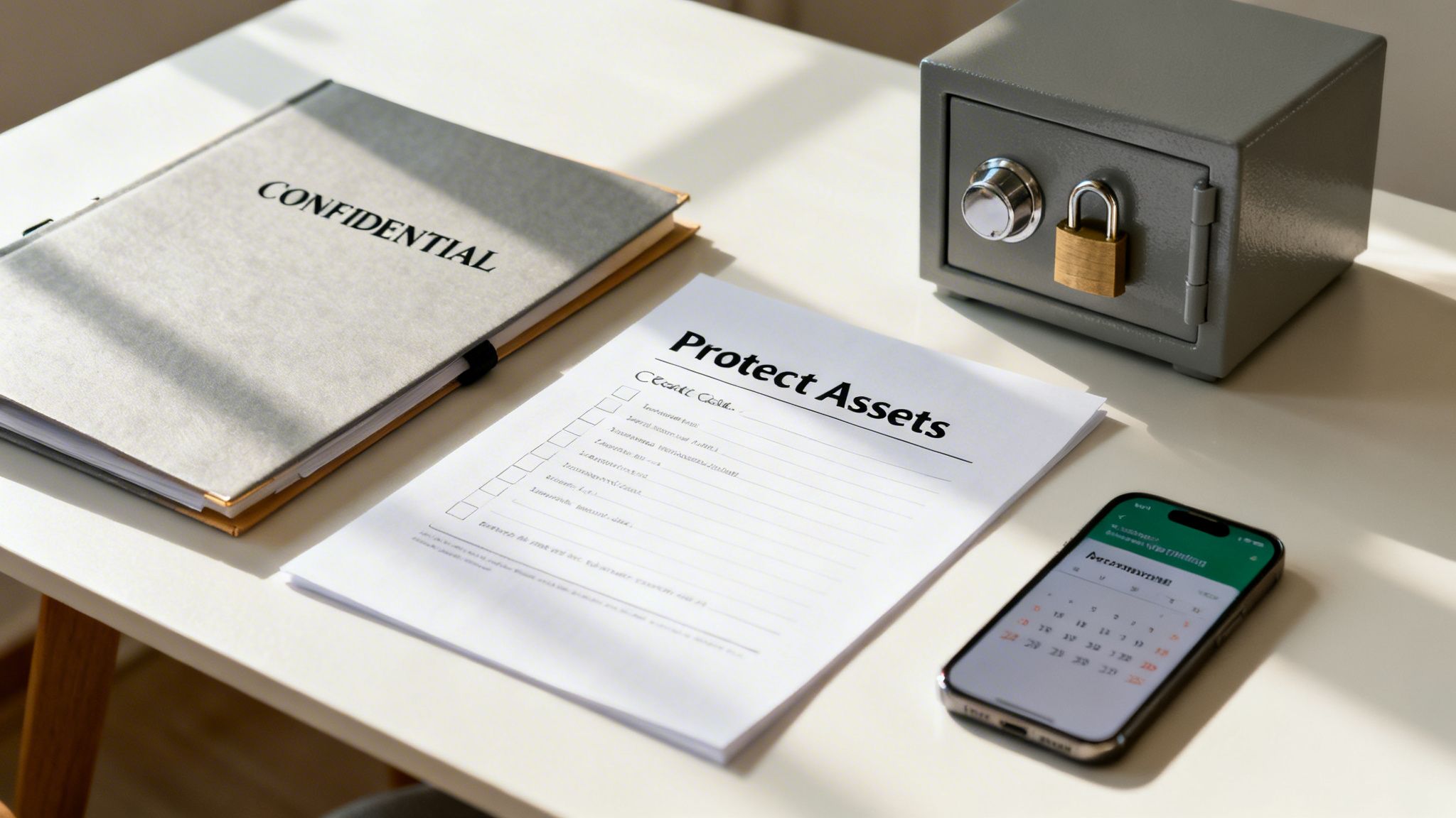A desk with a 'Confidential' folder, 'Protect Assets' document, a safe with a padlock, and a smartphone.
