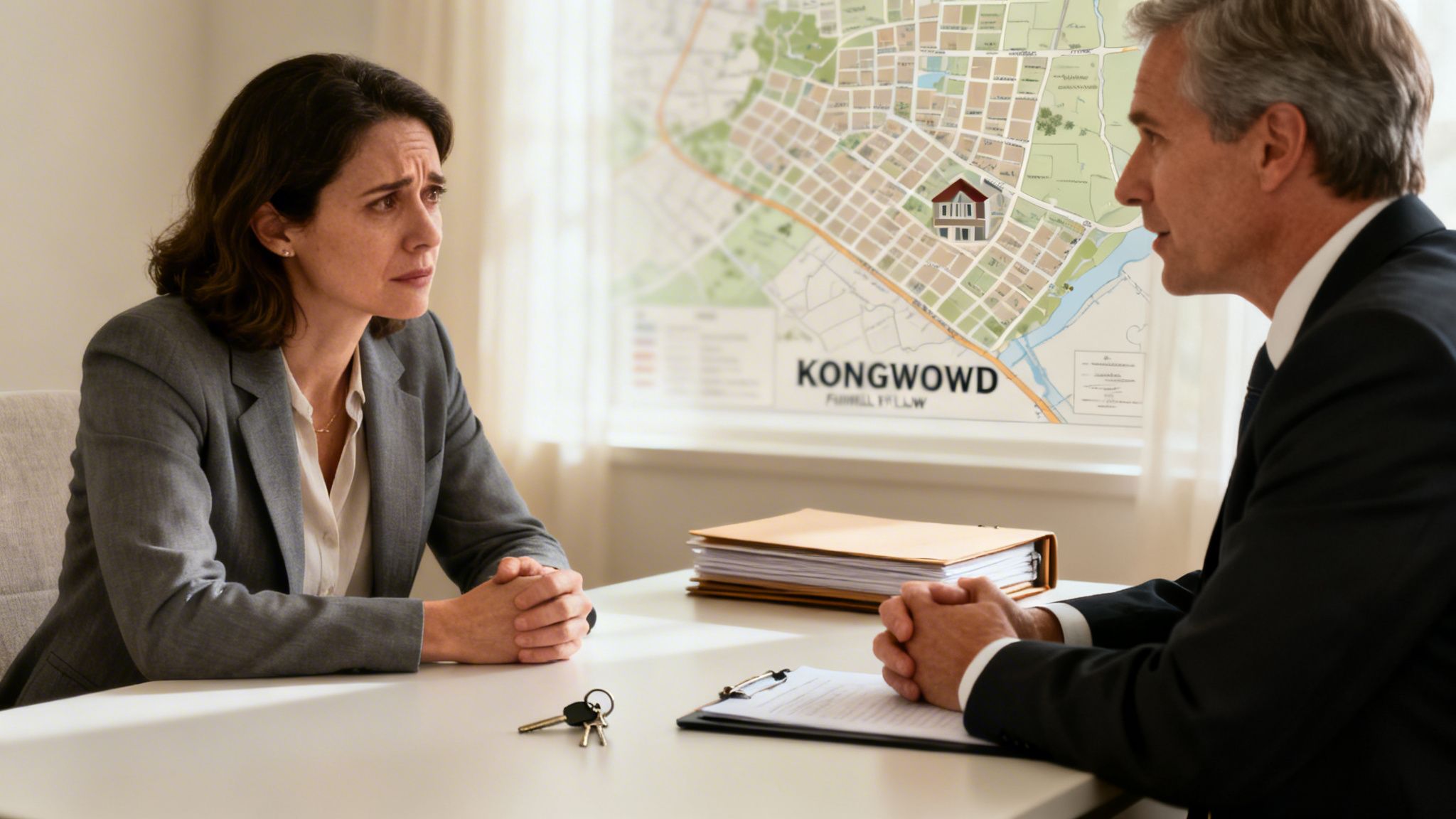A distressed woman consults with a male lawyer about property division, with a map displayed behind them.