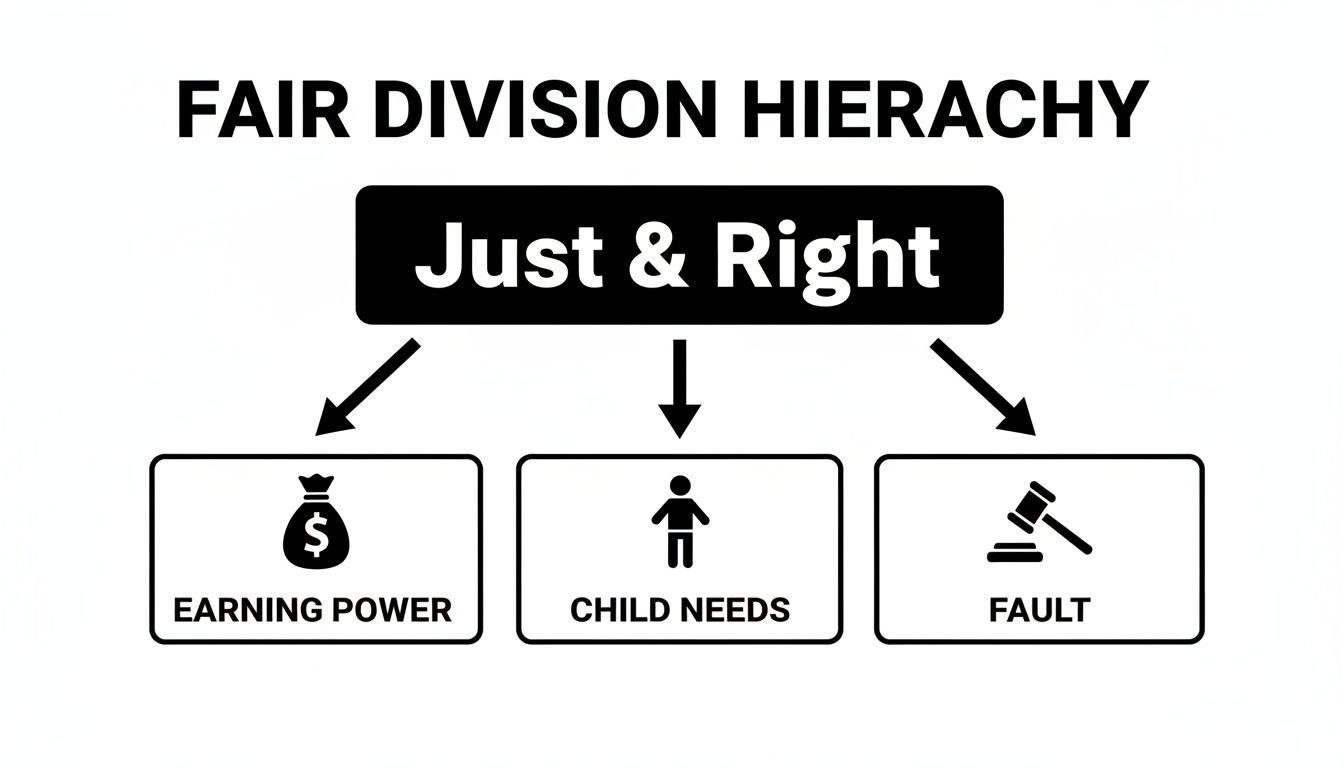 Diagram showing Fair Division Hierarchy with 'Just & Right' as top, leading to Earning Power, Child Needs, and Fault.