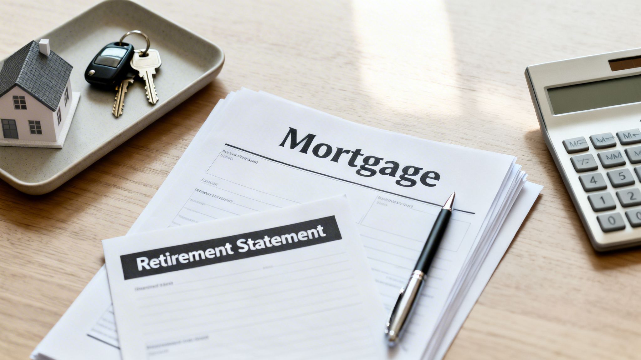 Mortgage and retirement documents, a miniature house, keys, and a calculator on a wooden table.