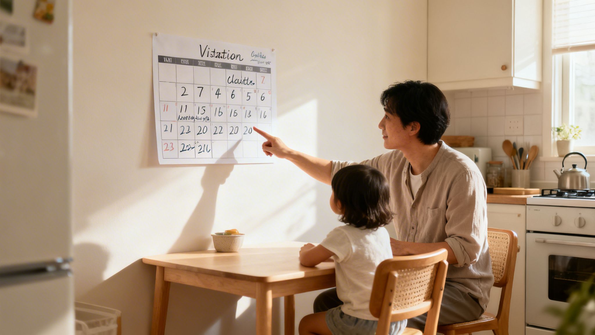A father and child in a bright kitchen looking at a calendar, the man pointing at a date.
