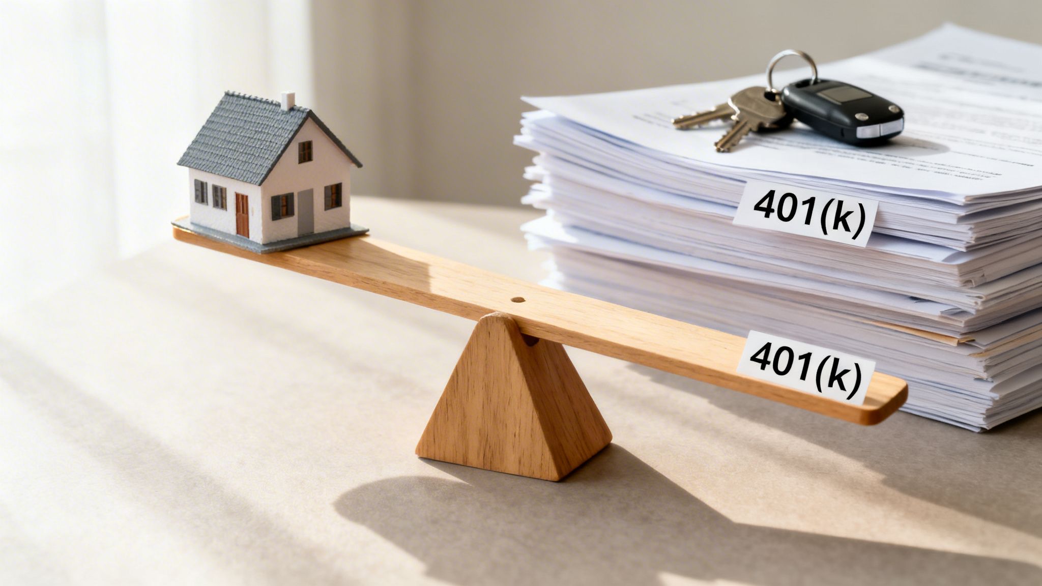 Miniature house on a wooden seesaw balancing against a stack of 401(k) documents and car keys.