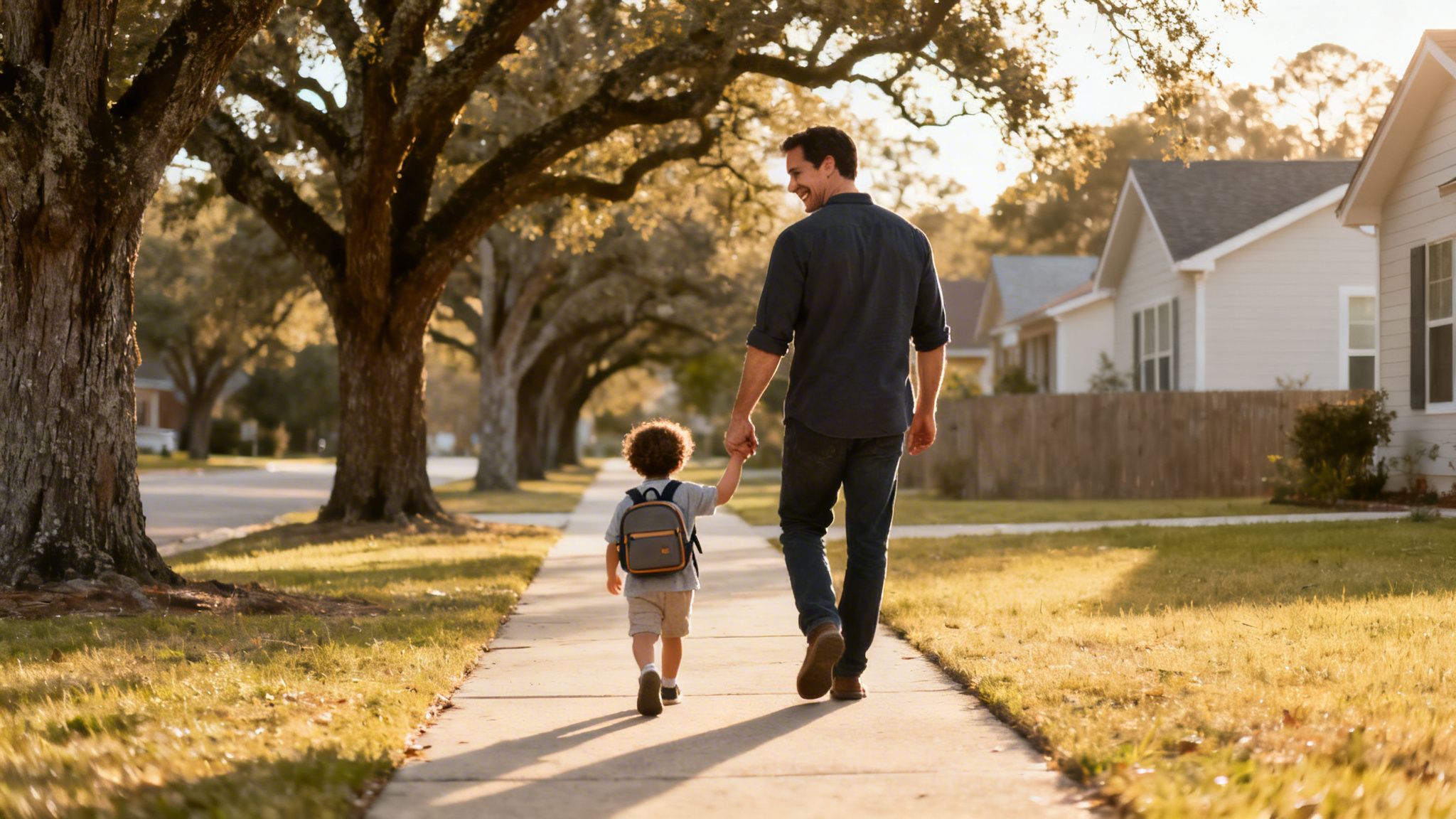 A smiling father and young child, wearing a backpack, walk hand-in-hand on a sunny sidewalk.