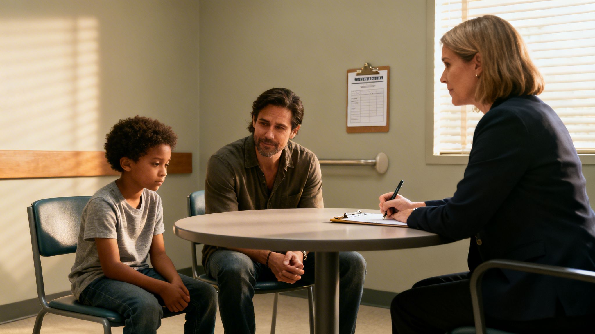 A woman counselor interviews a father and his sad-looking son in an office setting.