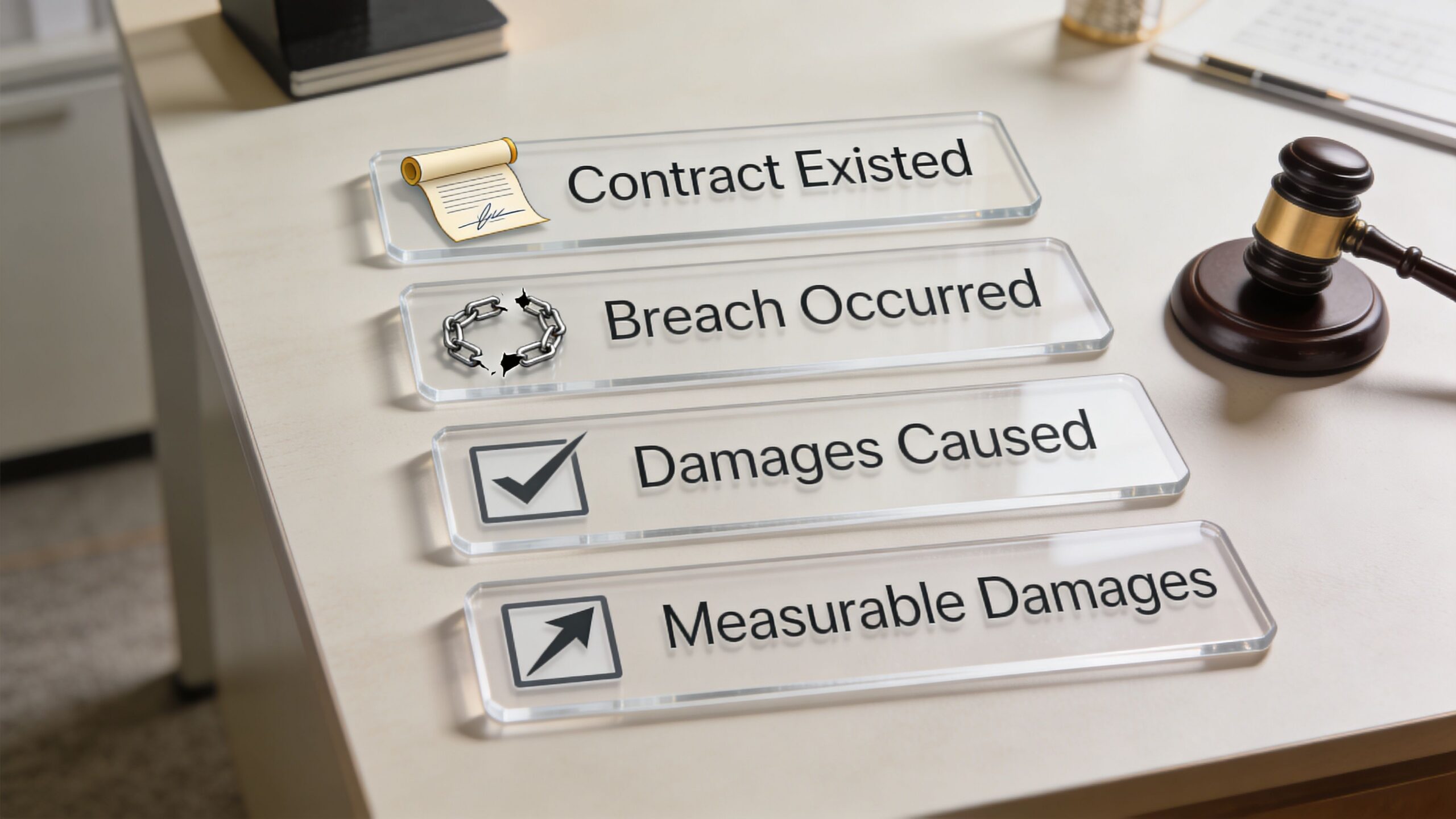 A gavel and glass plaques listing the four essential elements for proving a breach of contract claim.