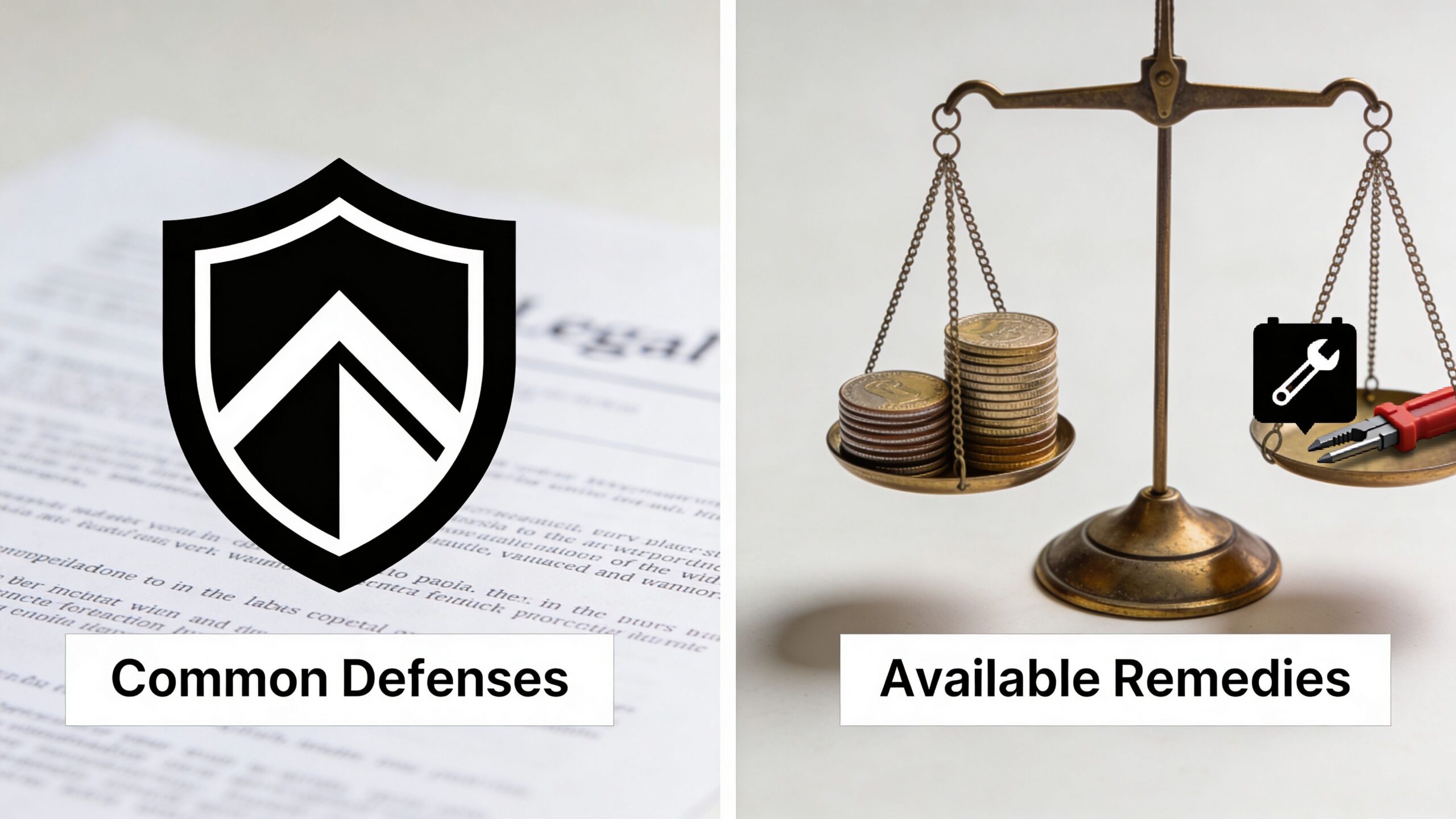 A split image showing a legal shield icon for common defenses and a scale with coins and tools for available remedies.