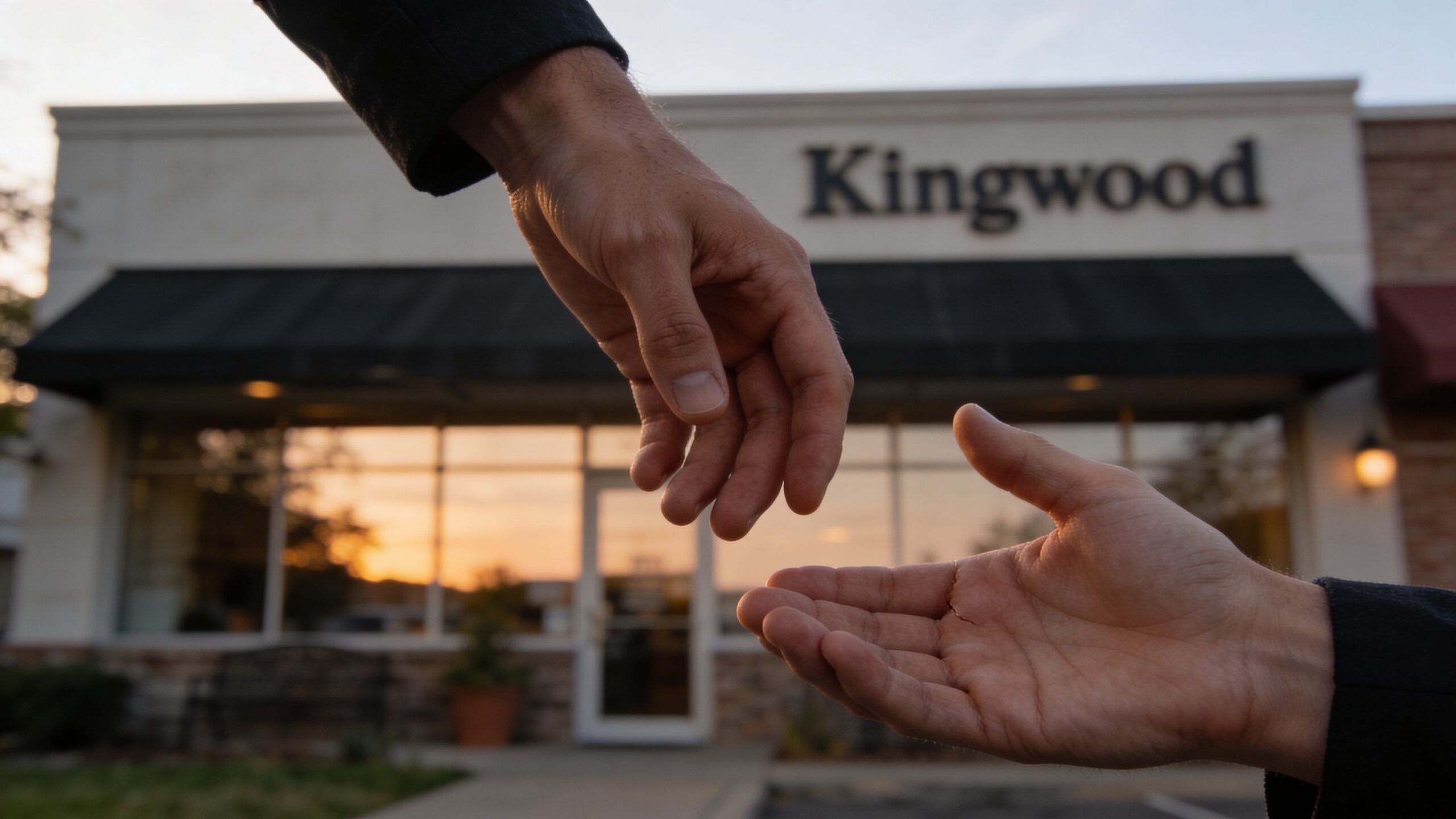 Two hands reaching towards each other in front of a building with the sign Kingwood on it.