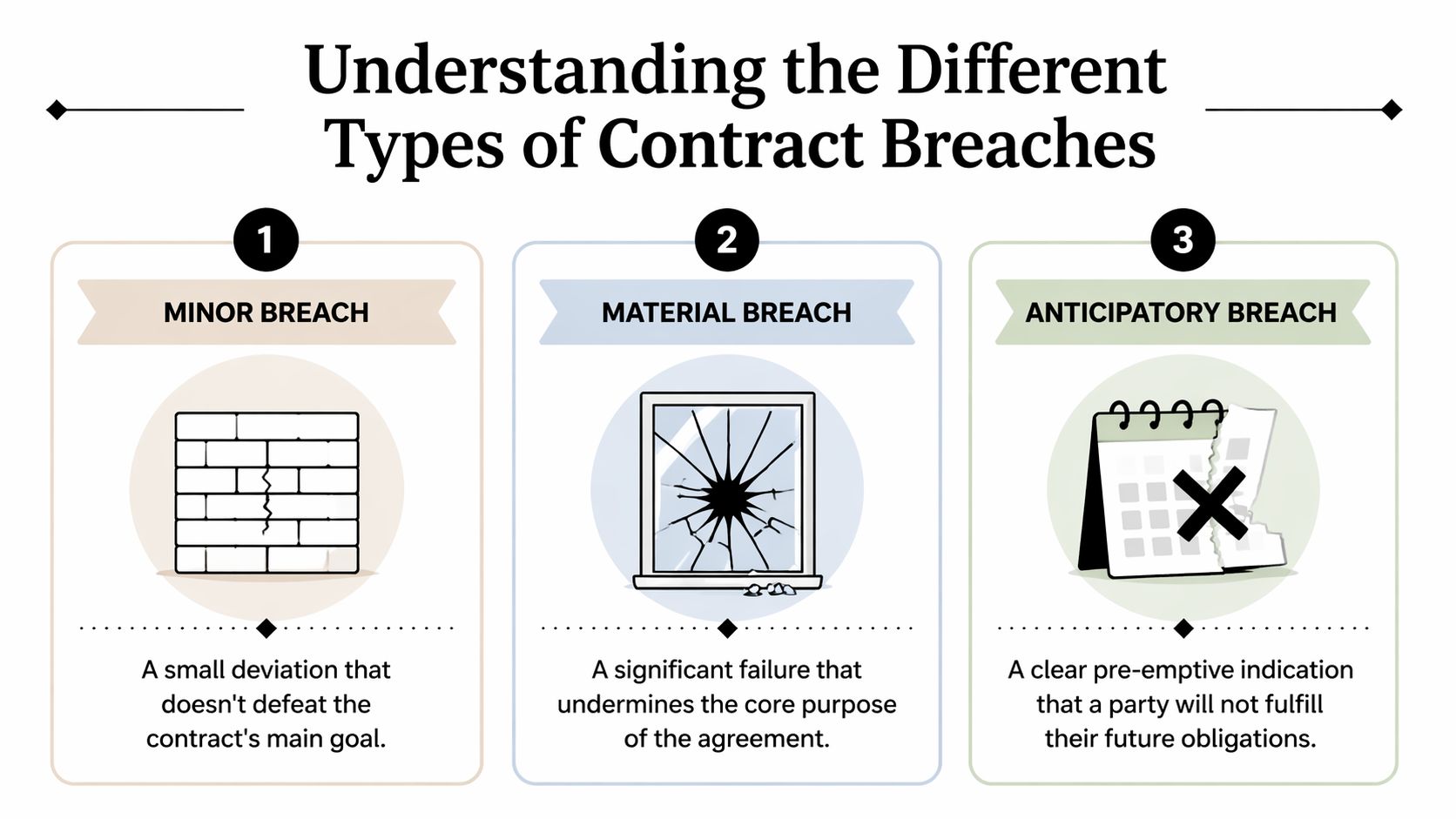 An infographic titled Understanding the Different Types of Contract Breaches, explaining minor, material, and anticipatory breaches.