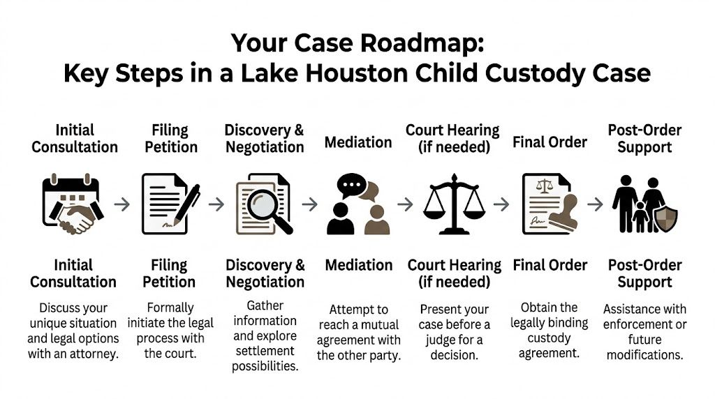 A step-by-step roadmap for a child custody case starting from initial consultation to post-order support.