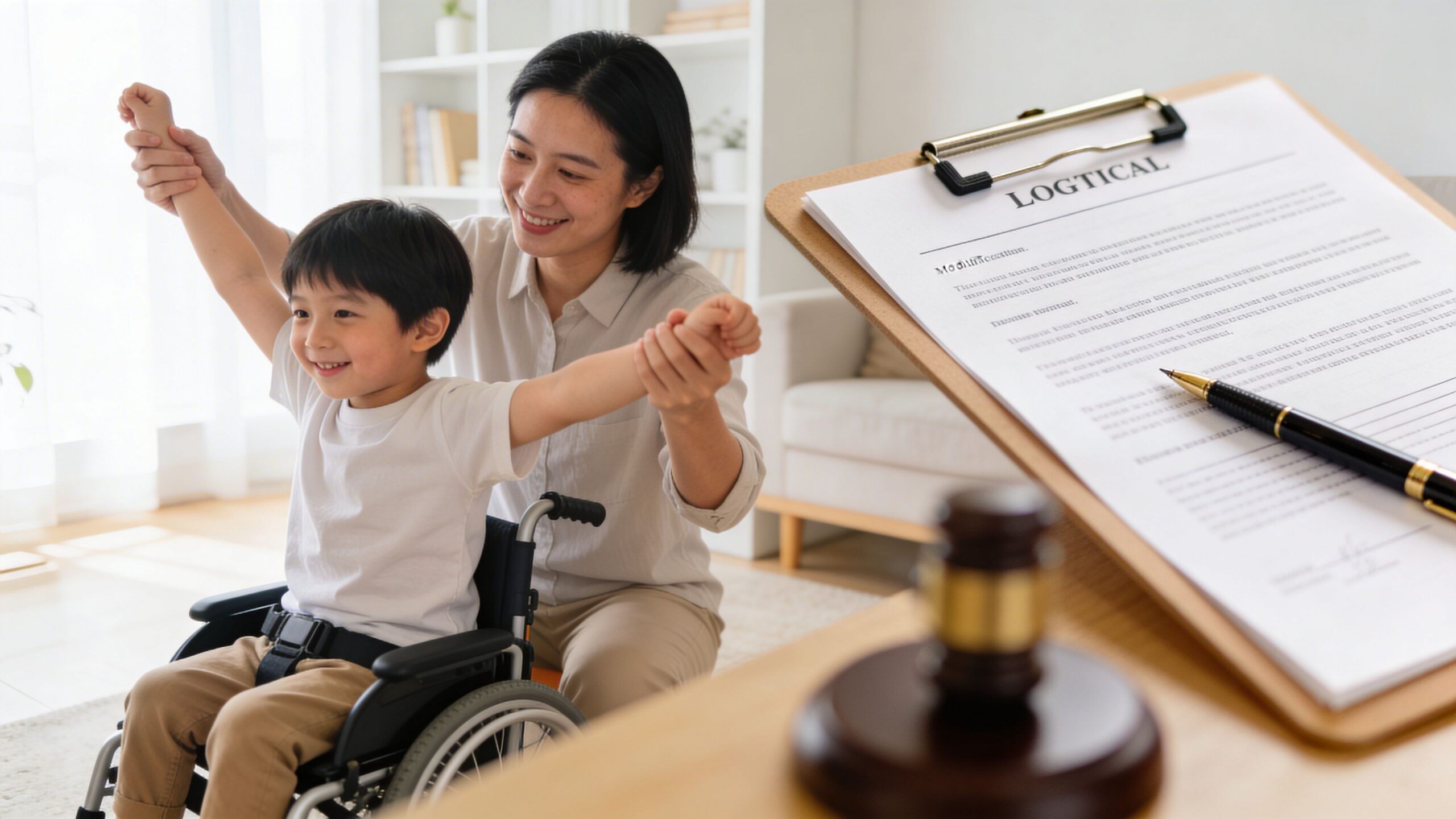 A smiling boy in a wheelchair raises his arms with his mother during a child custody consultation.