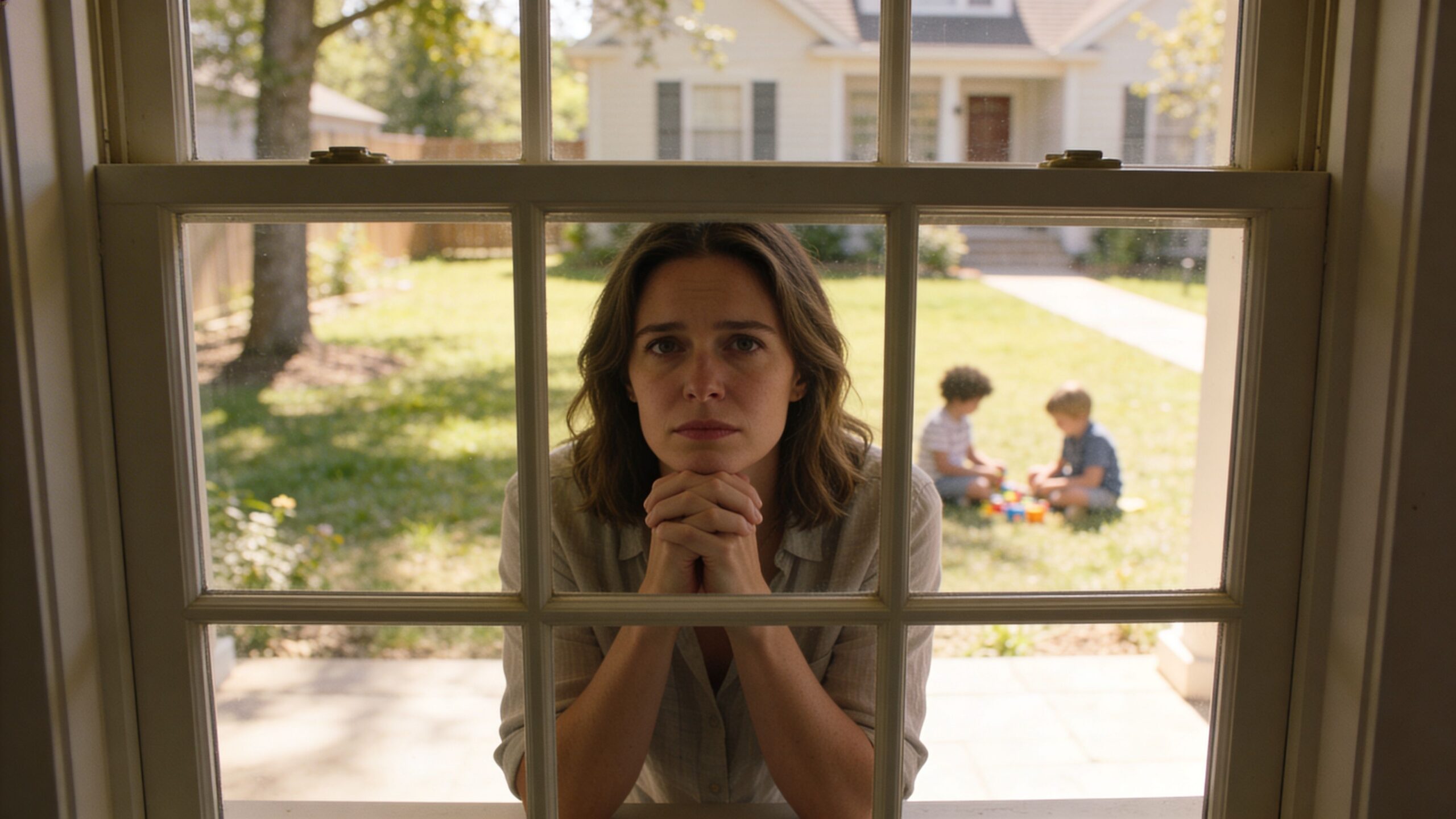 A concerned woman gazes through a window while two young children play on the grass outside.