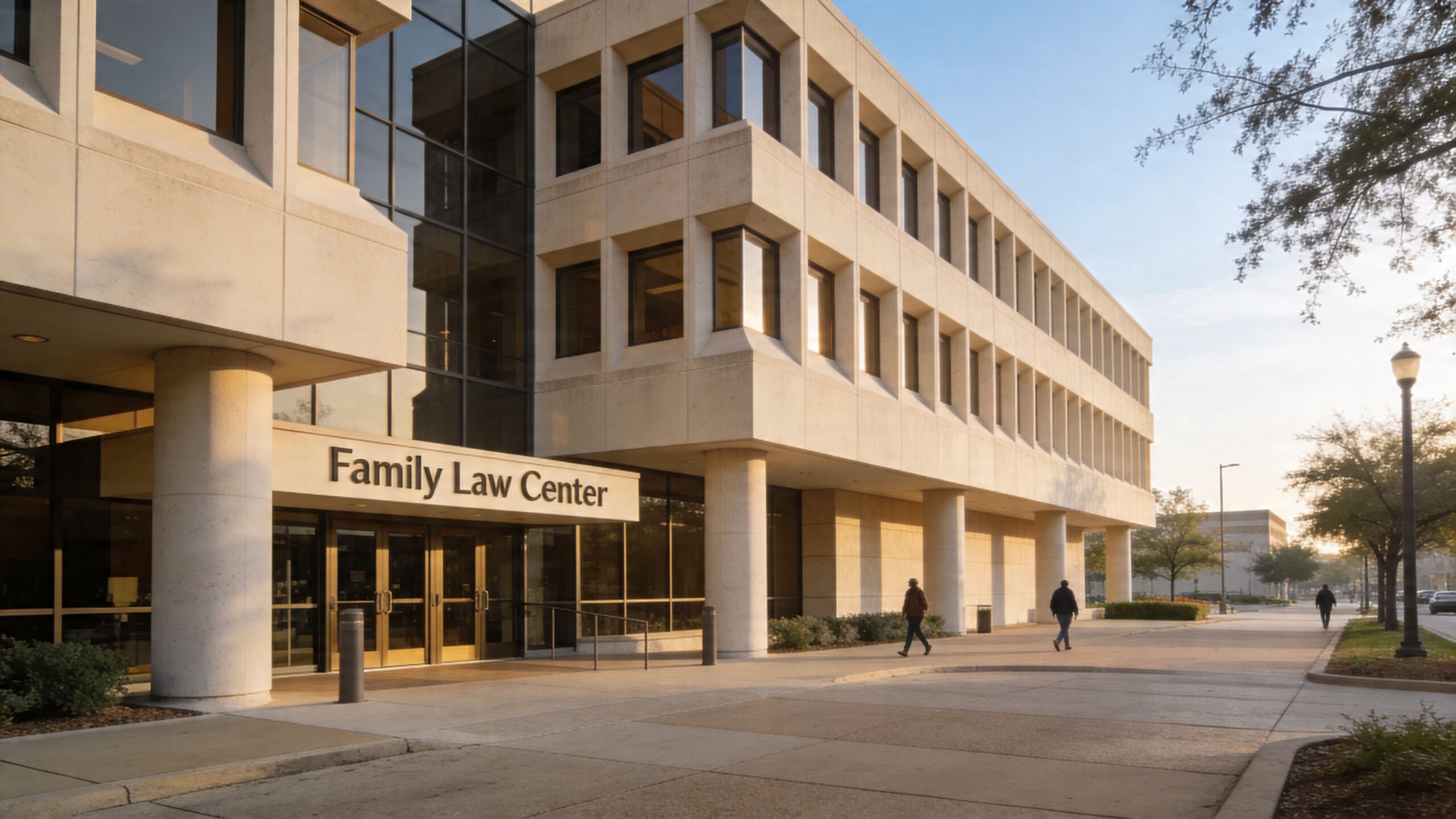 The exterior of a modern Family Law Center building featuring large windows and a paved walkway.