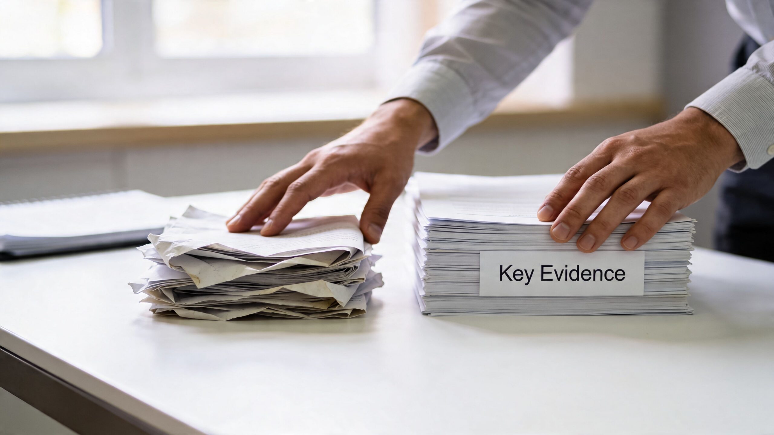 A professional organizing piles of documents, one labeled key evidence, for a child custody hearing case.