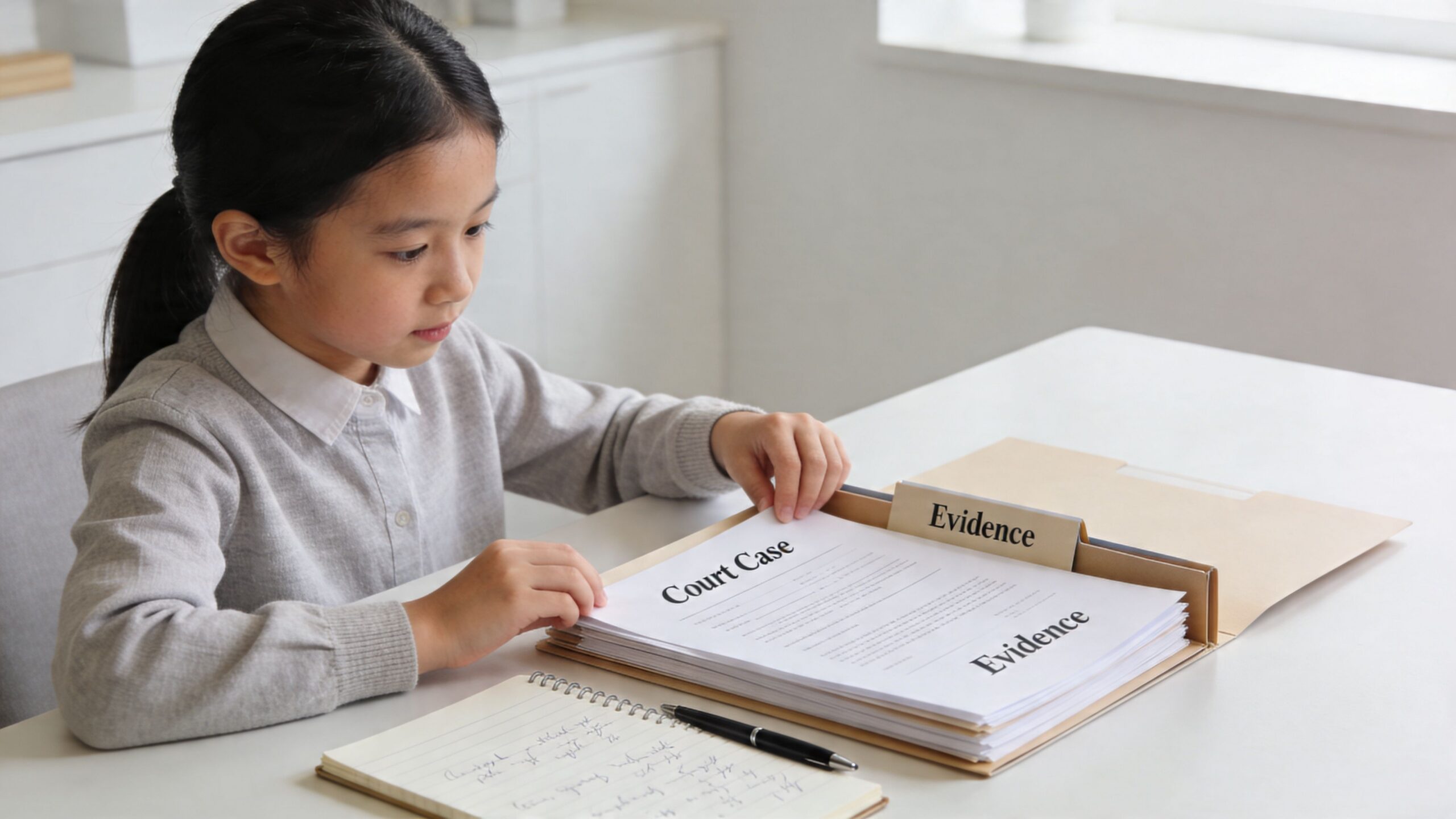 A young Asian girl studying legal court case evidence documents in an office setting.