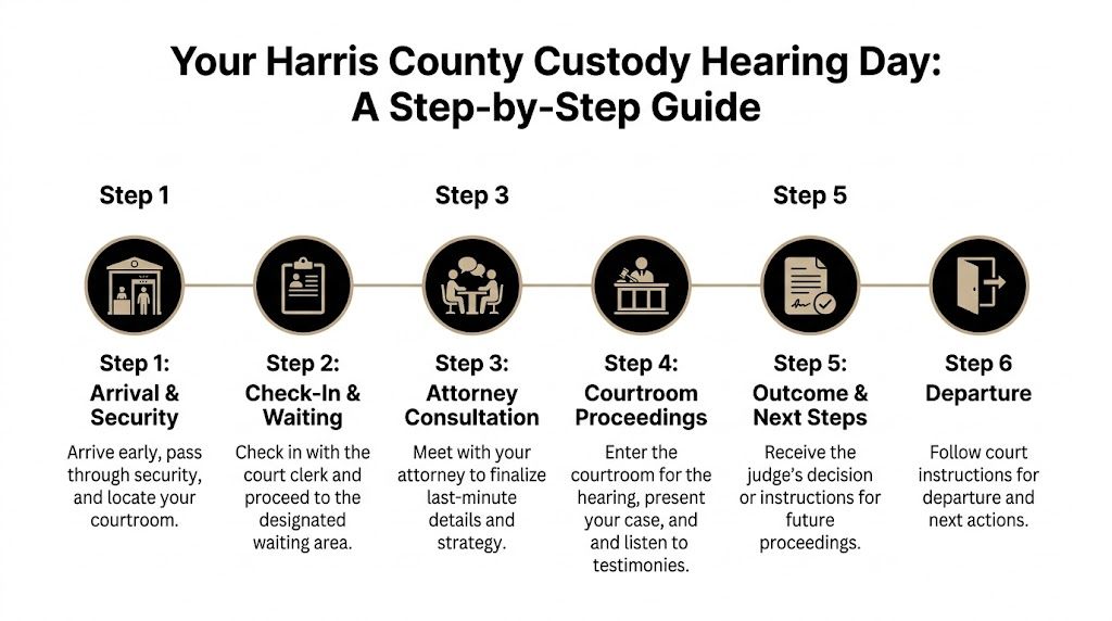 A six-step infographic detailing the process for a Harris County child custody hearing day.