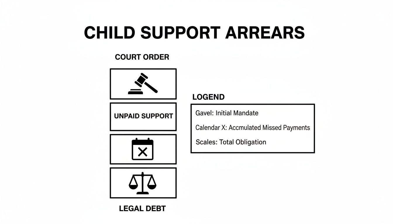 Diagram illustrating child support arrears, court orders, and a legend explaining symbols like gavel, calendar X, and scales.