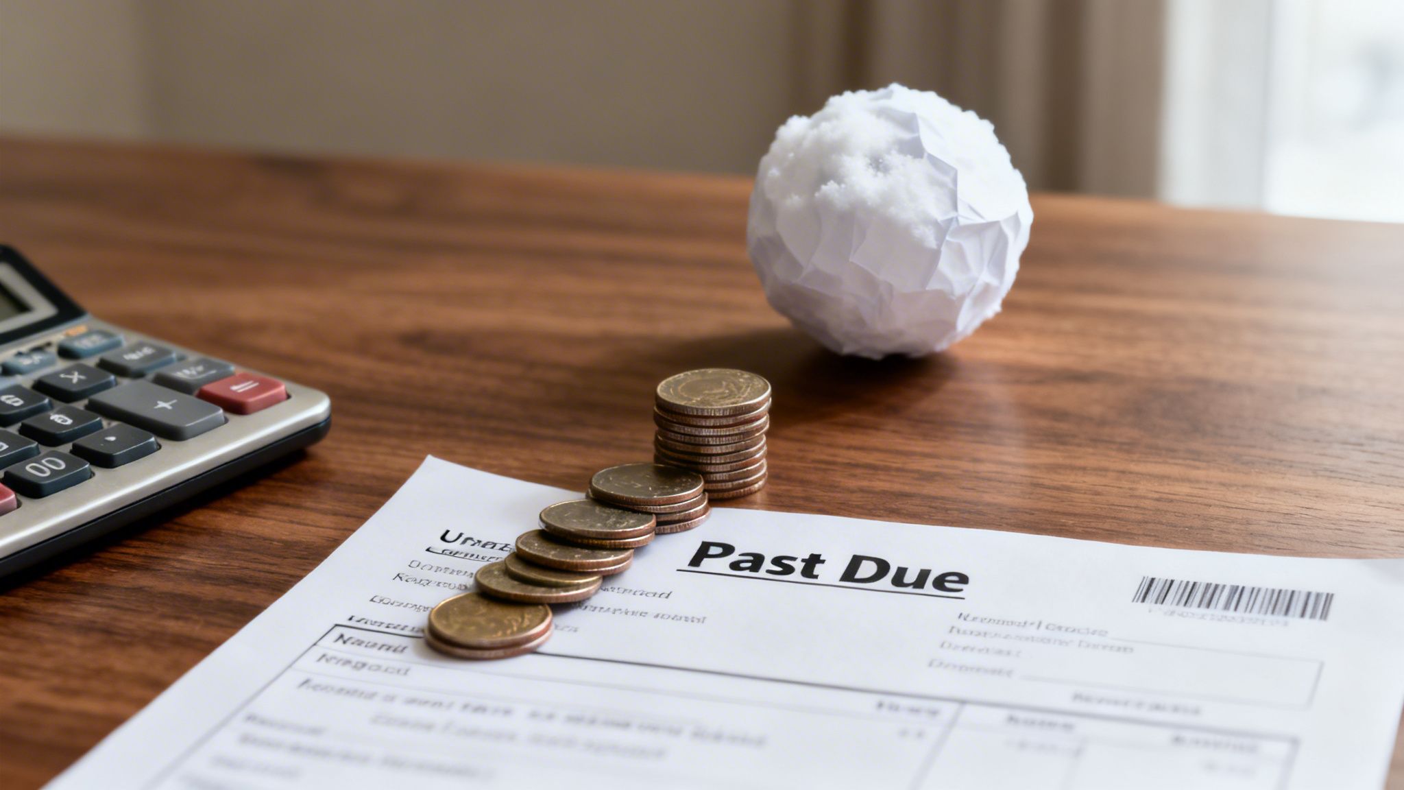 A calculator, coins, and a 'Past Due' bill on a wooden desk, symbolizing financial stress.