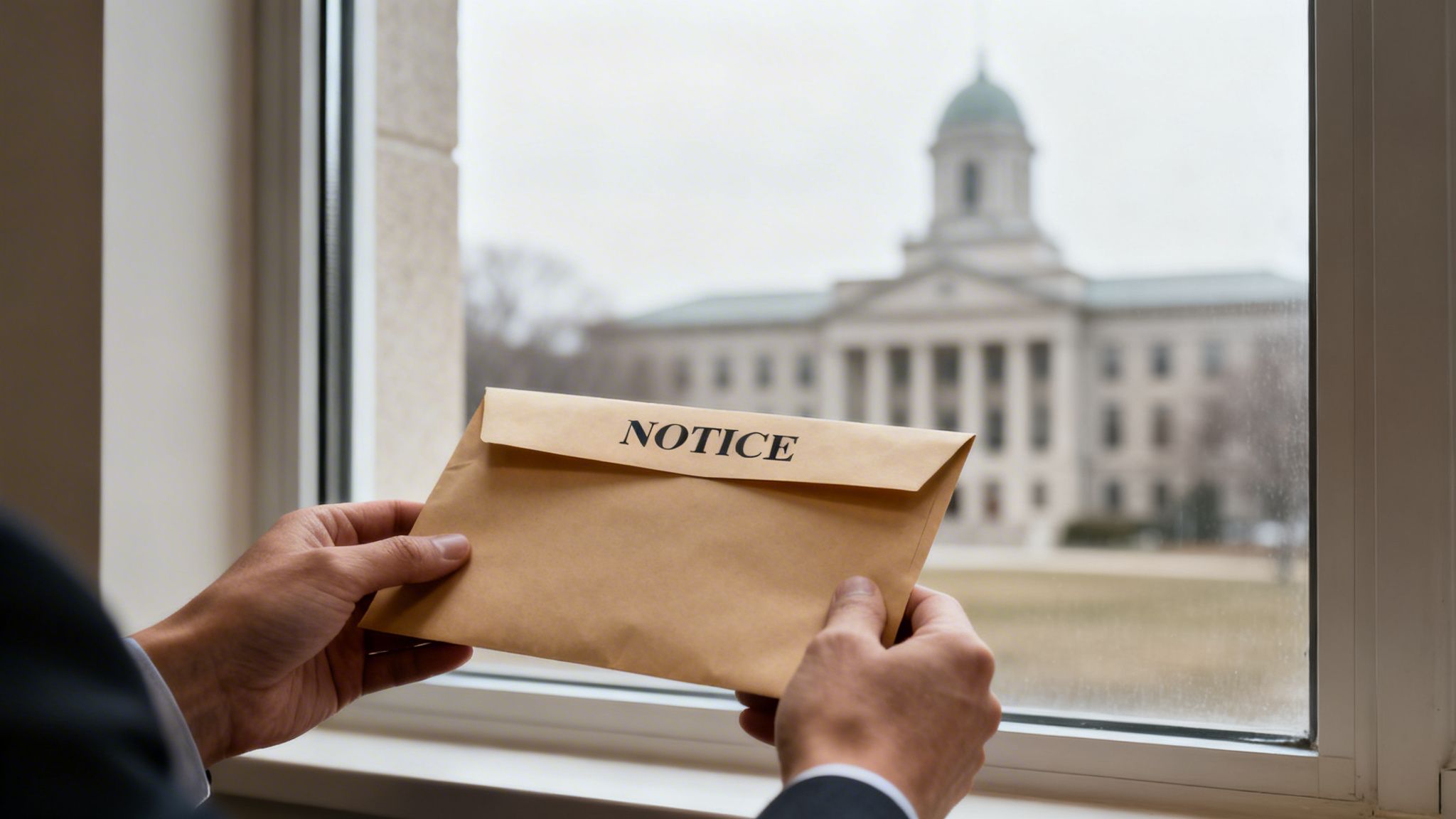 Hands hold a brown envelope labeled 'NOTICE' in front of a window overlooking a government building.