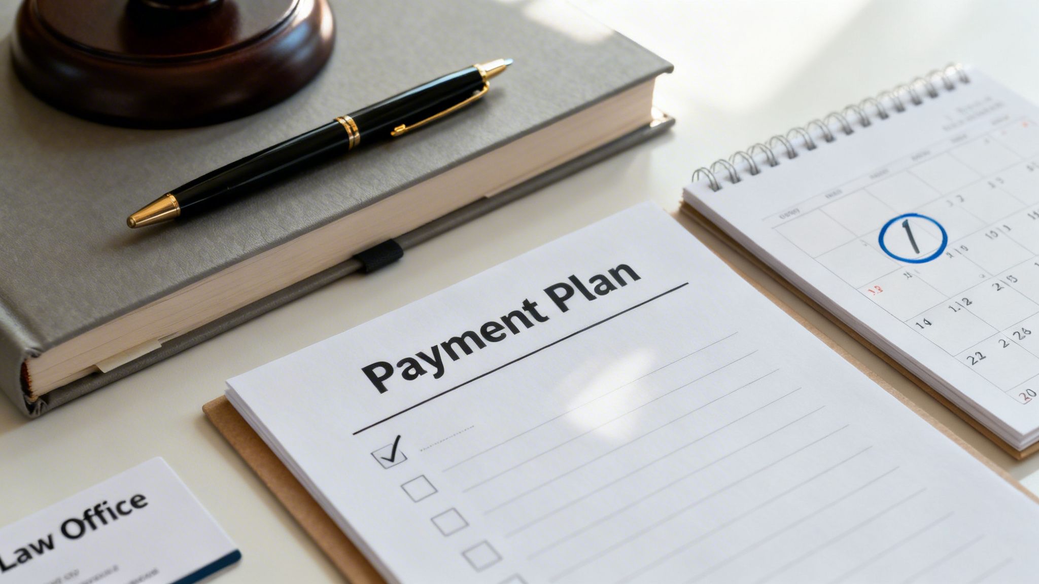 A 'Payment Plan' document with a checked box, calendar, pen, and law office materials.