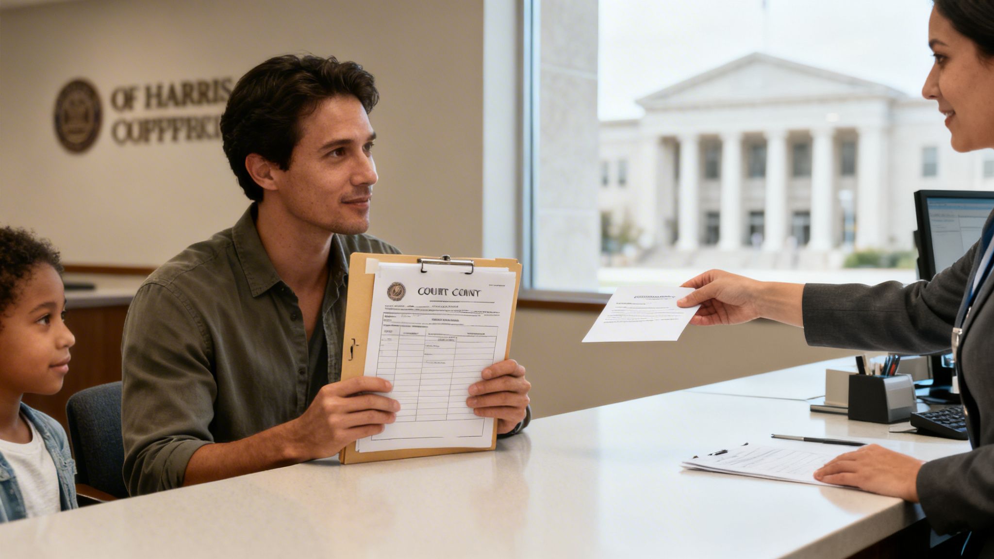 A man and child at a Harris County courthouse desk, receiving documents from a clerk.