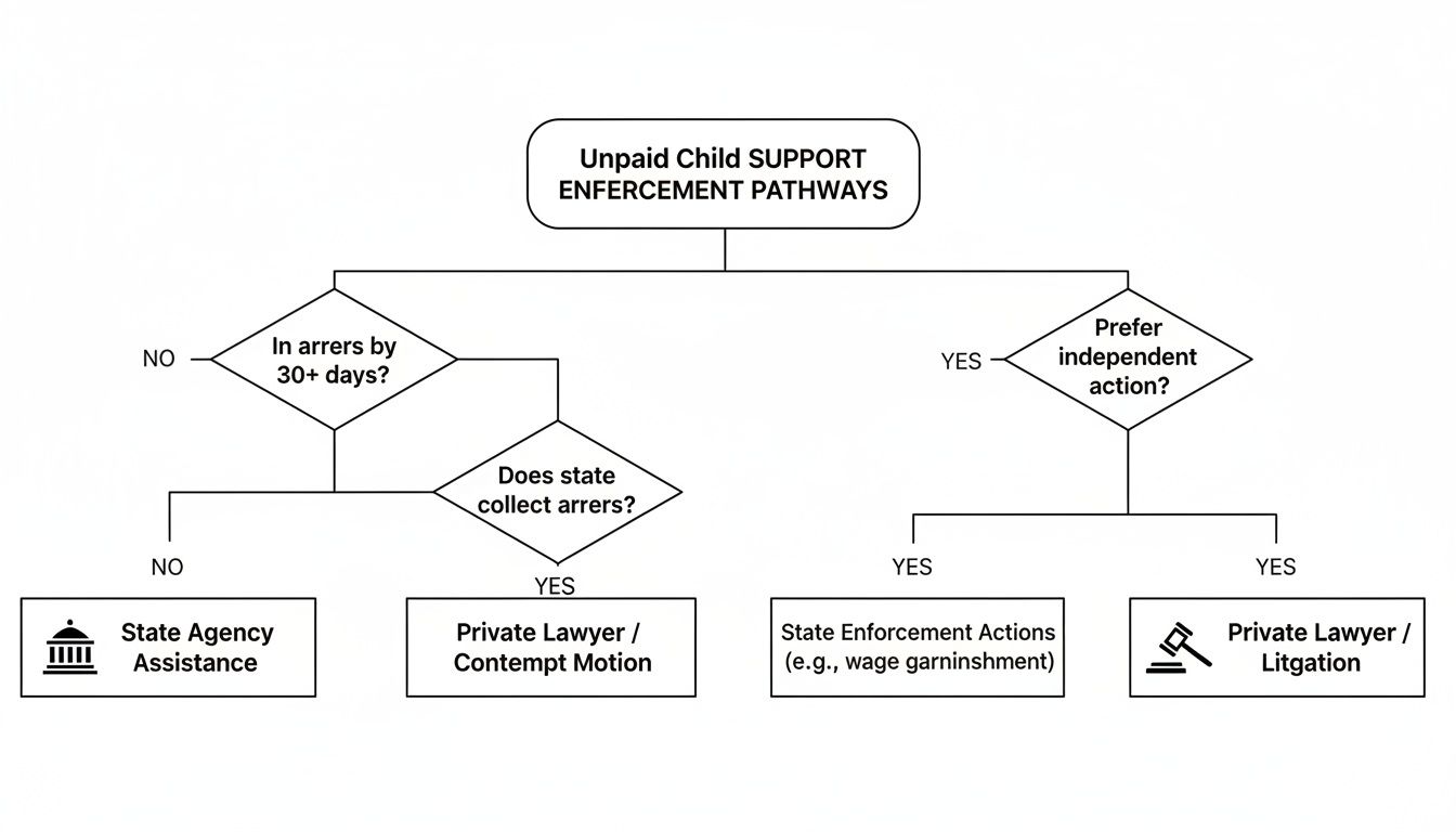 Flowchart outlining pathways for unpaid child support enforcement, detailing options and legal actions.