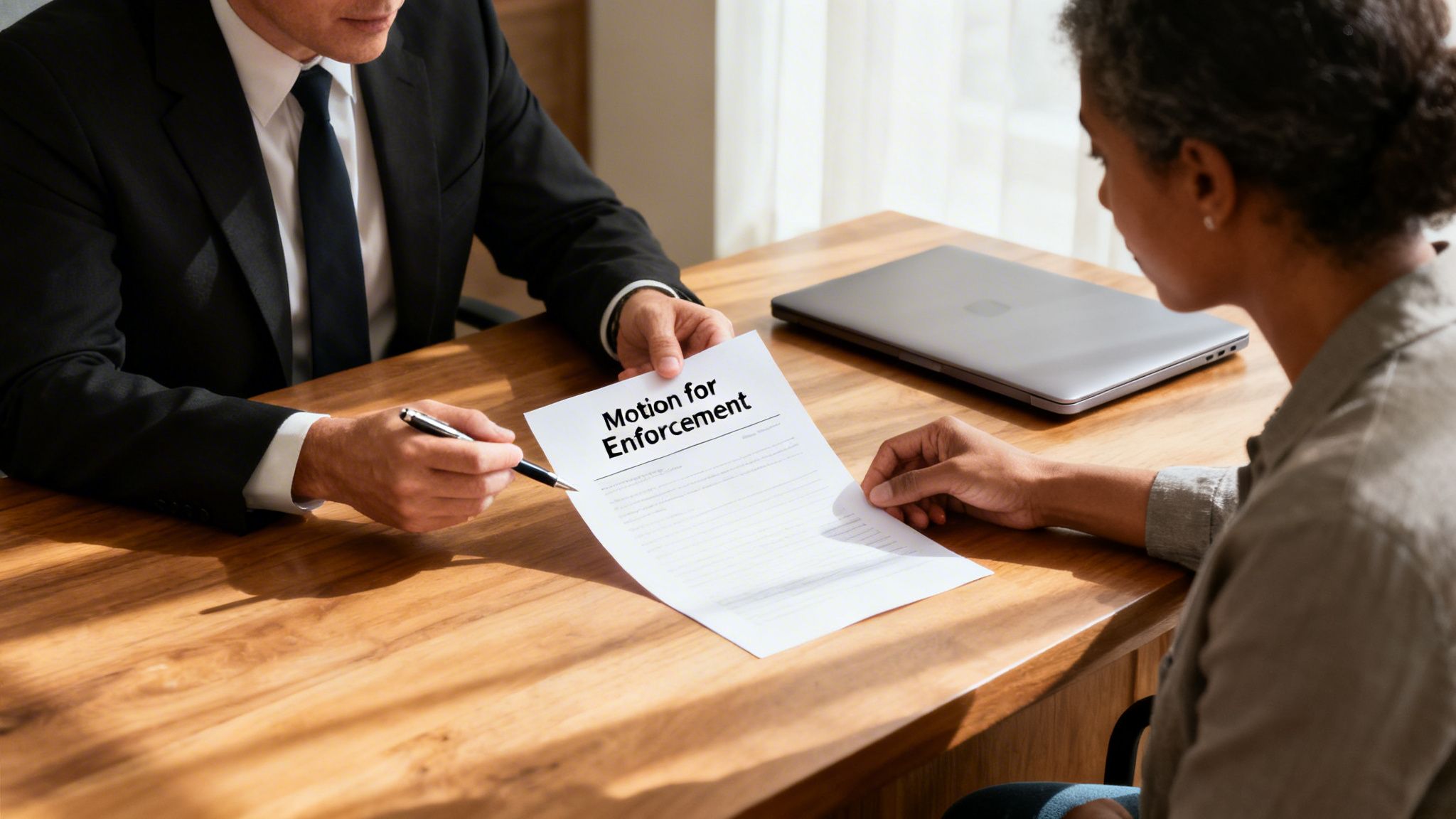 A lawyer in a suit explains a "Motion for Enforcement" document to a woman at a desk.