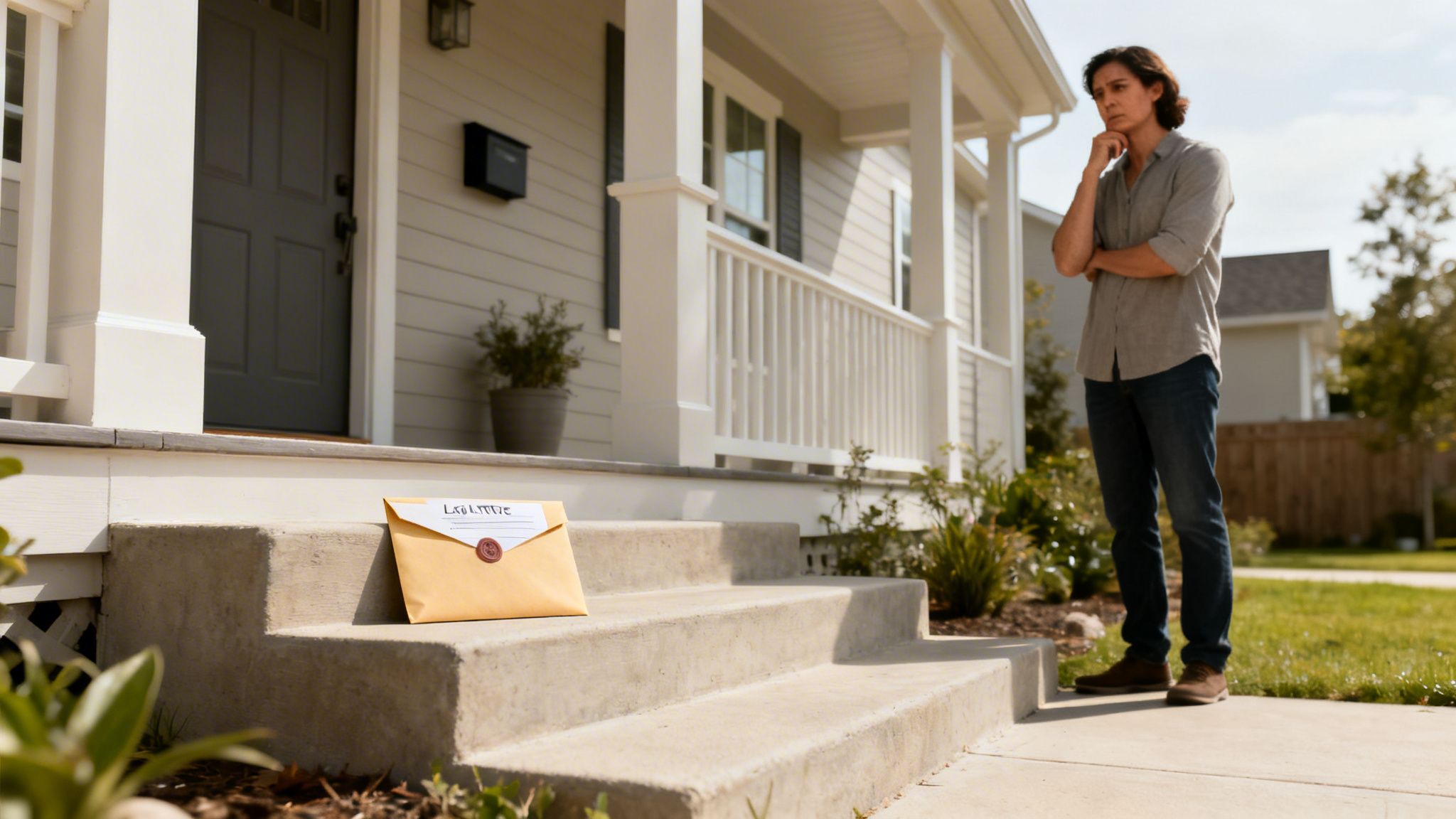 A man stands thoughtfully outside a home, looking at a sealed envelope on the steps.