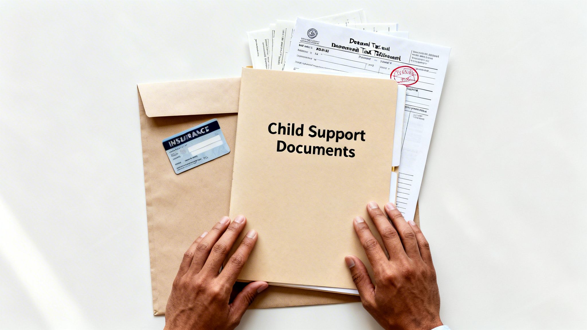 Hands holding a manila folder labeled 'Child Support Documents' with an insurance card and papers.