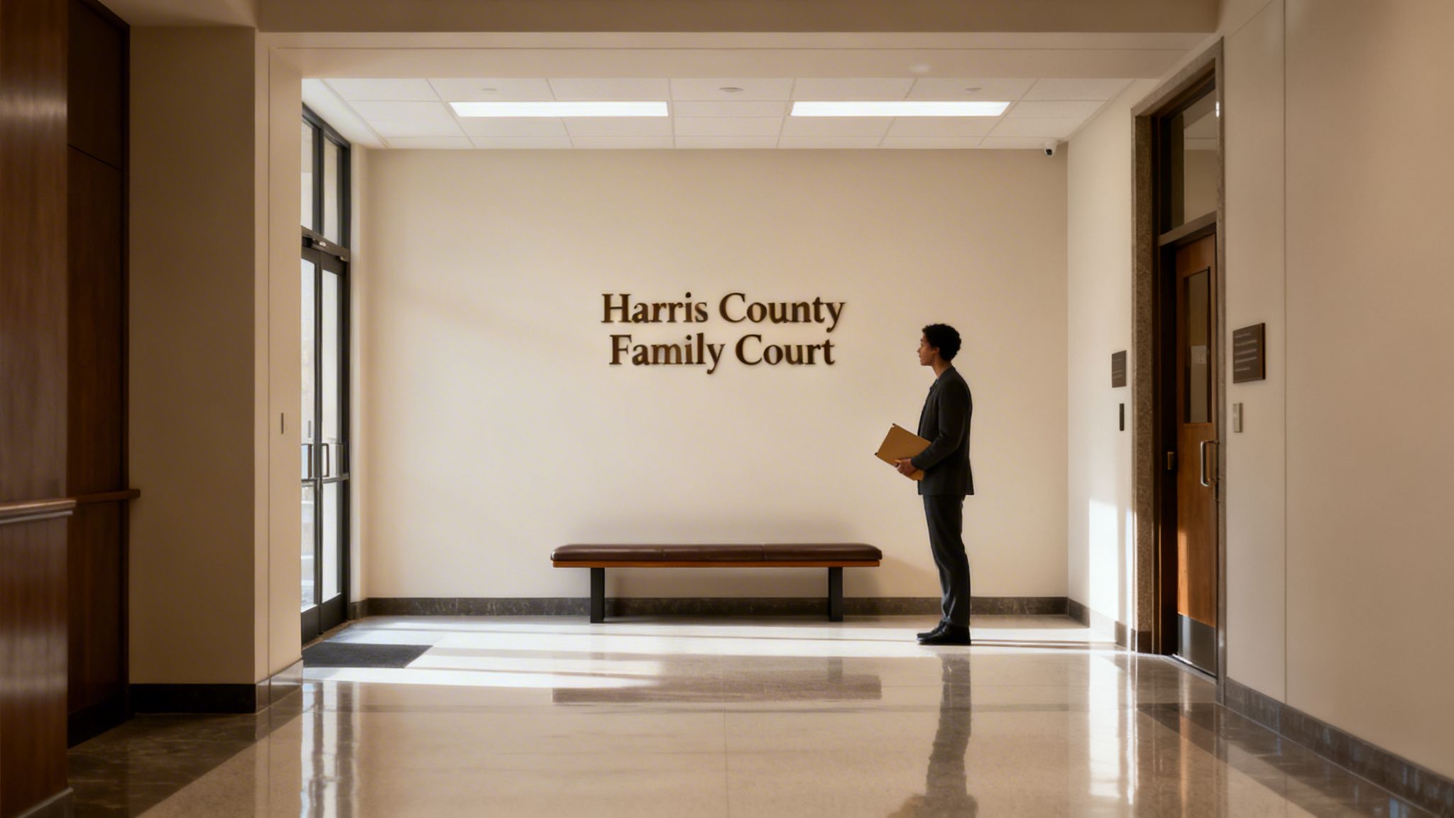 A man stands with a folder in a court hallway, with "Harris County Family Court" on the wall.