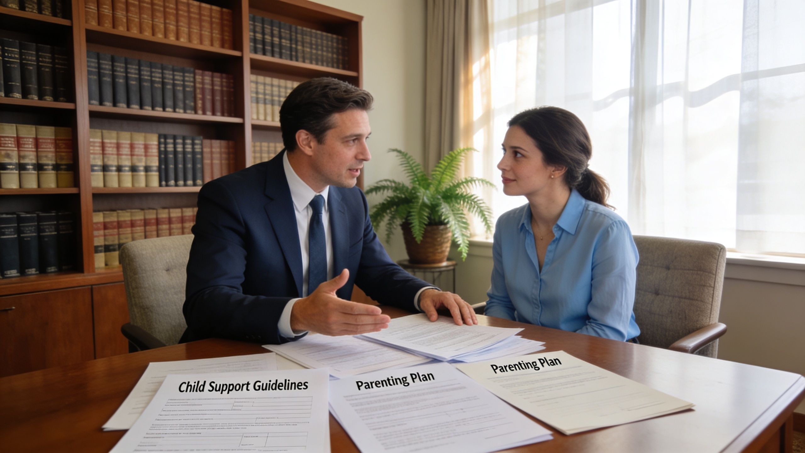 A professional lawyer consults with a female client at an office desk regarding legal parenting documents.