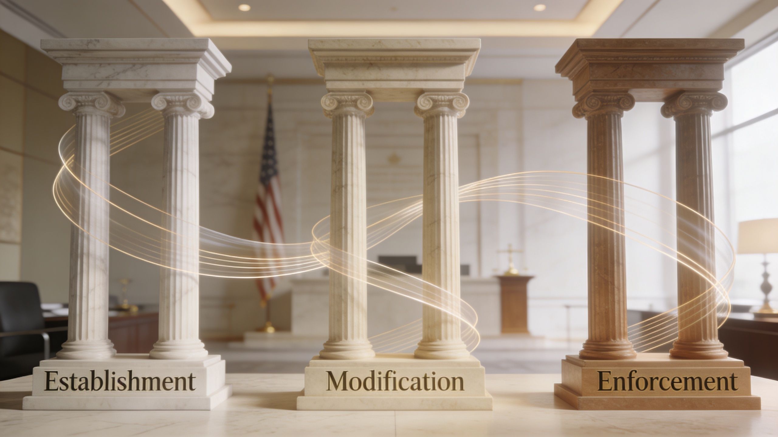 Three marble pillars labeled Establishment, Modification, and Enforcement representing the three stages of the legal process.
