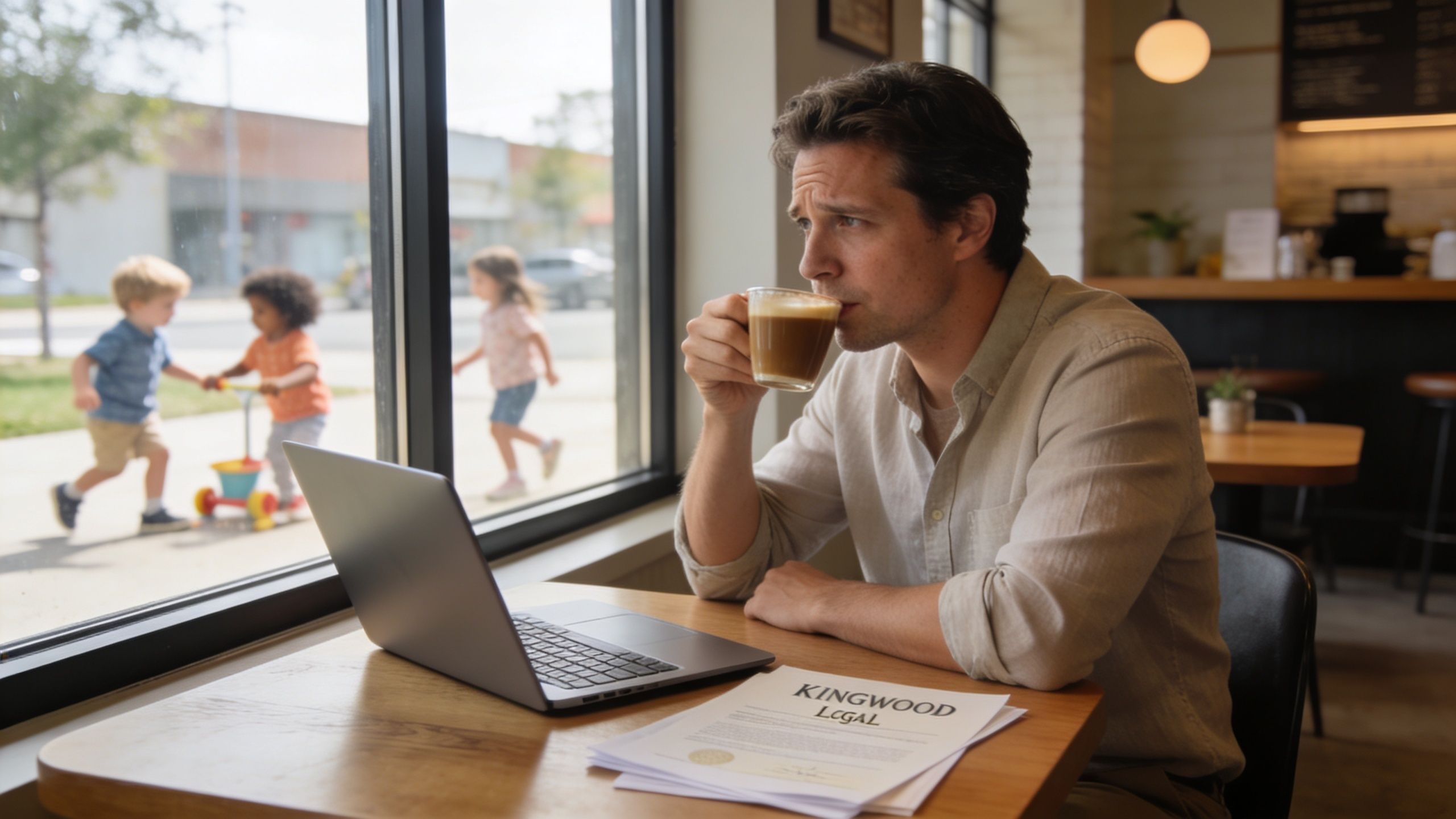 A man in a shirt sitting in a cafe with a laptop and legal documents, drinking coffee.
