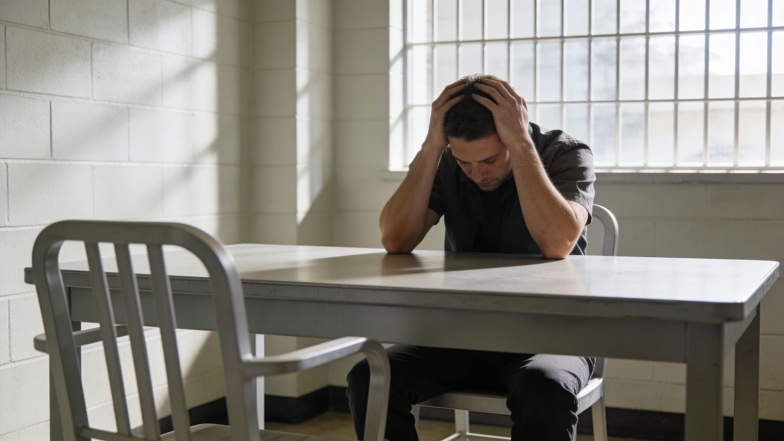 A distressed man sitting at a metal table in a sparse prison interrogation room with bars.