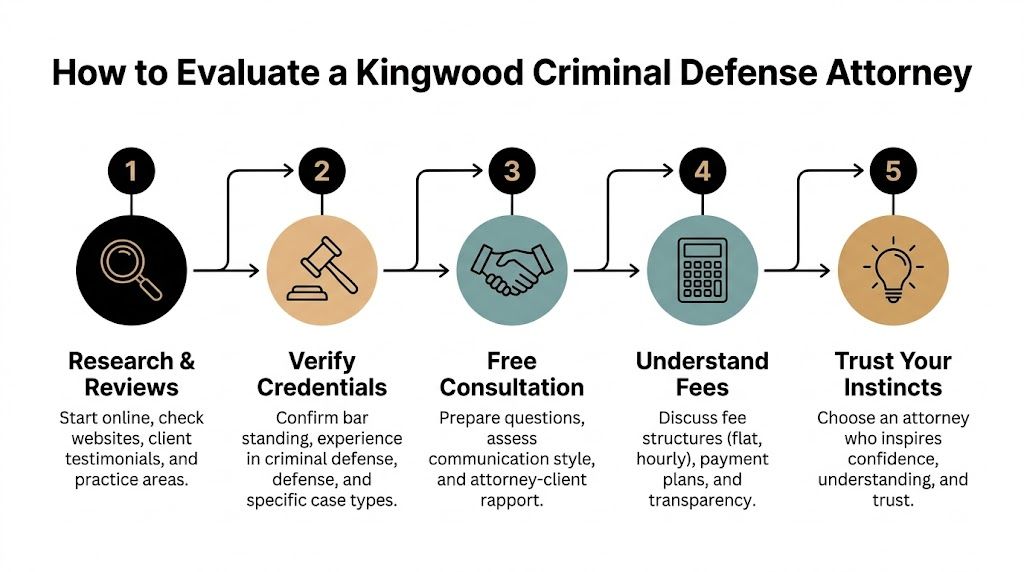 A five-step infographic showing how to evaluate a criminal defense attorney in Kingwood through research and consultation.