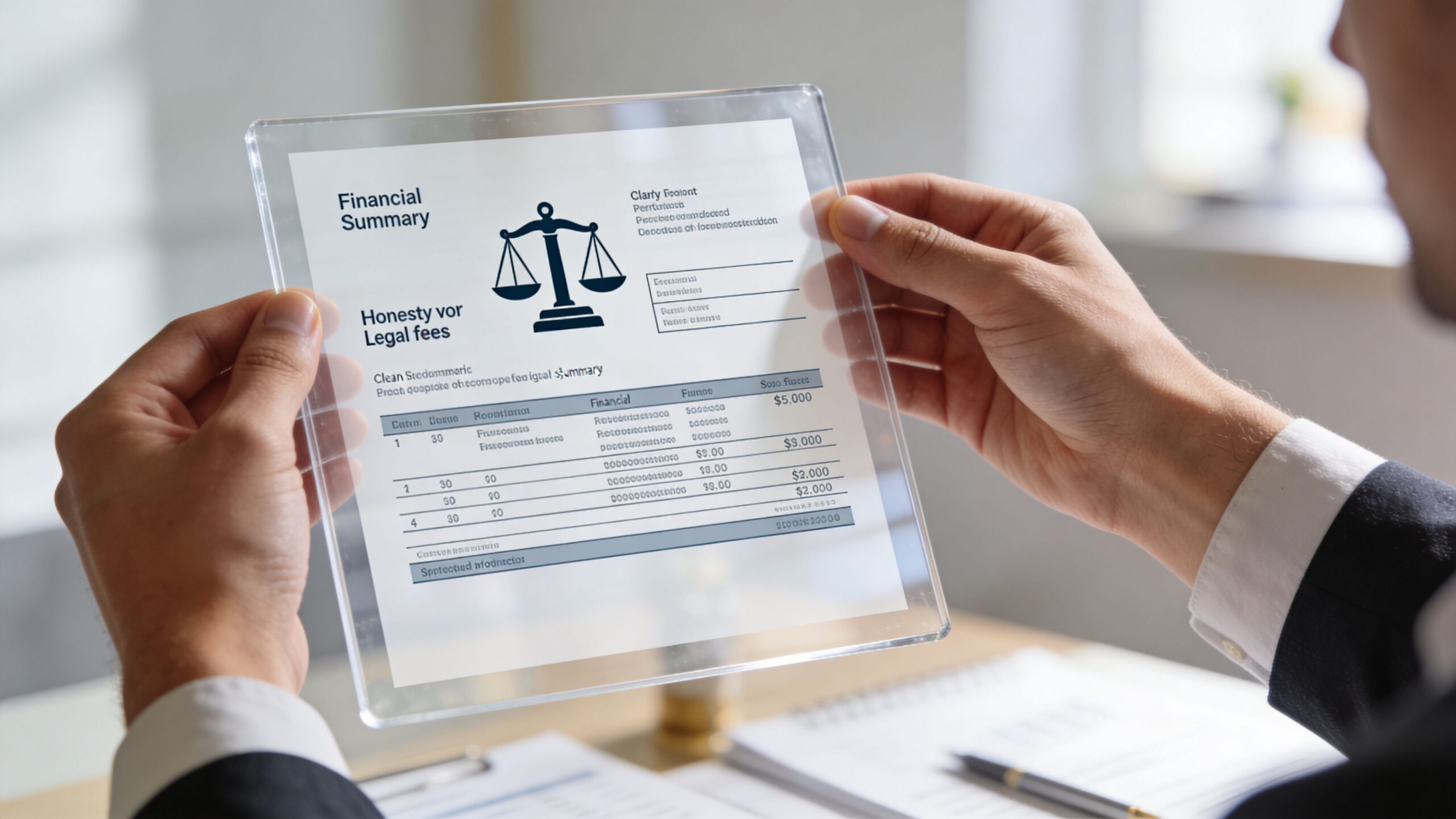 A professional in a suit reviewing a digital financial summary document regarding legal fees.