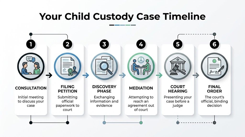 A six-step infographic illustrating the typical legal process and timeline for a child custody court case.